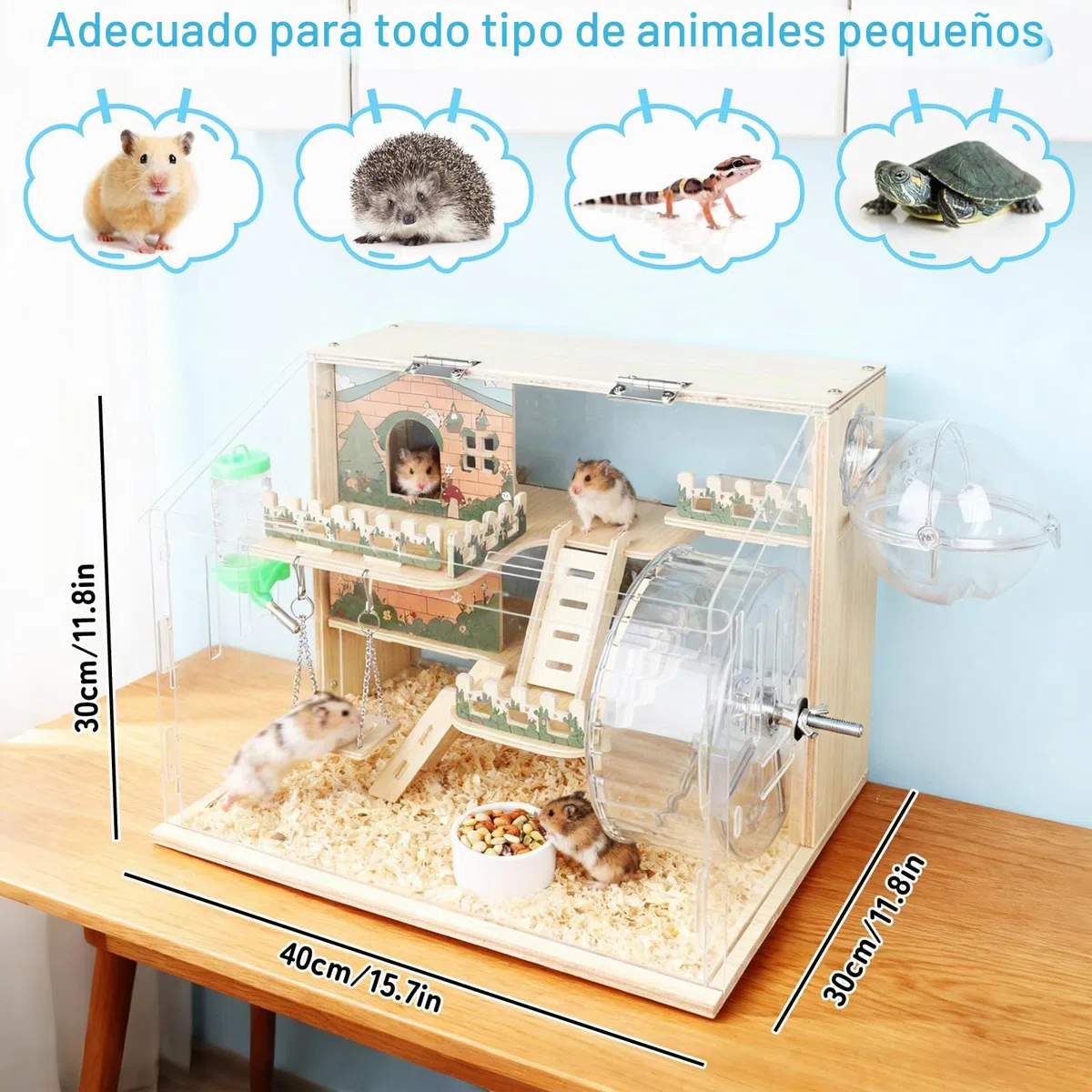Jaula de Madera para Hámster, para Animales Pequeños Jerbos, Ratas | Hábitat para Hámster con Vista de 270°, con Paneles Acrílicos Fácilmente, Una Jaula Para Hámster Bien Ventilada
