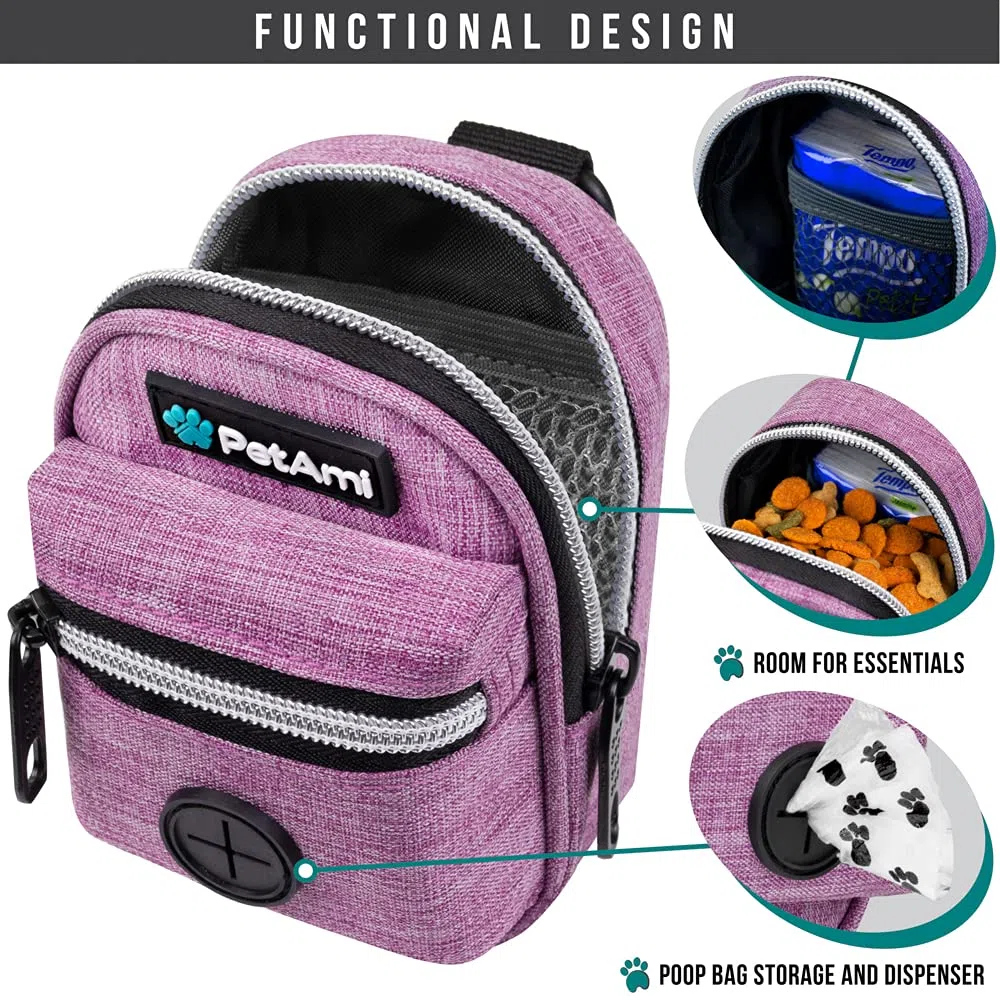 PetAmi Soporte para bolsas de excrementos de perro, dispensador de bolsas de basura para mascotas con clip para perros, accesorios para caminar, viajes, camping, bolsa de golosinas para perros,