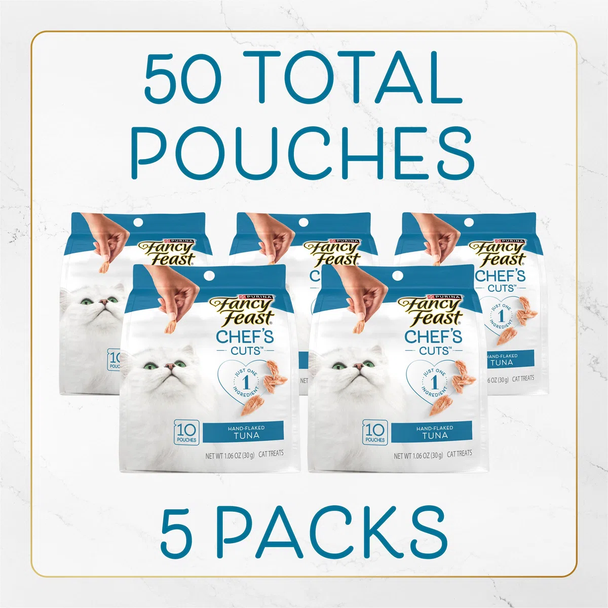 Purina Fancy Feast Natural Cat Treats - Copos de atún cortados a mano, 5 x 10 bolsas
