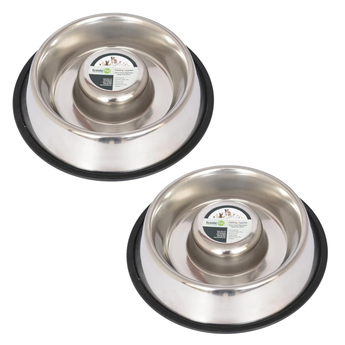 Iconic Mascota Alimentación Lenta Pet Bowl de Acero Inoxidable para Perro o Gato (2 Unidades)