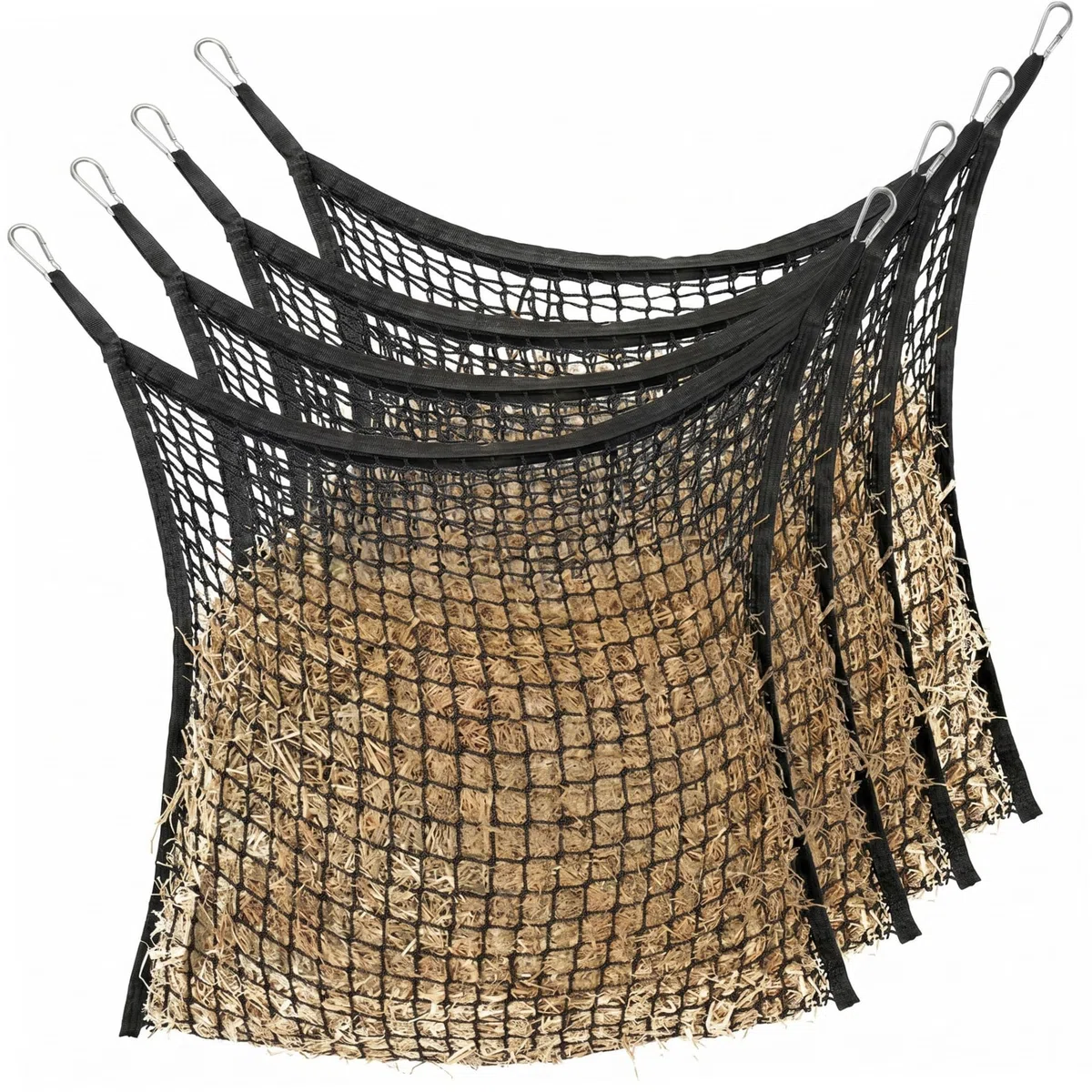 Suministros de riego para alimentación, 4 bolsas de heno para caballos, red de heno de alimentación lenta con 4 mosquetones reforzados, comedero para caballos para cabras, 35, 43 x 31, 50 pulgadas