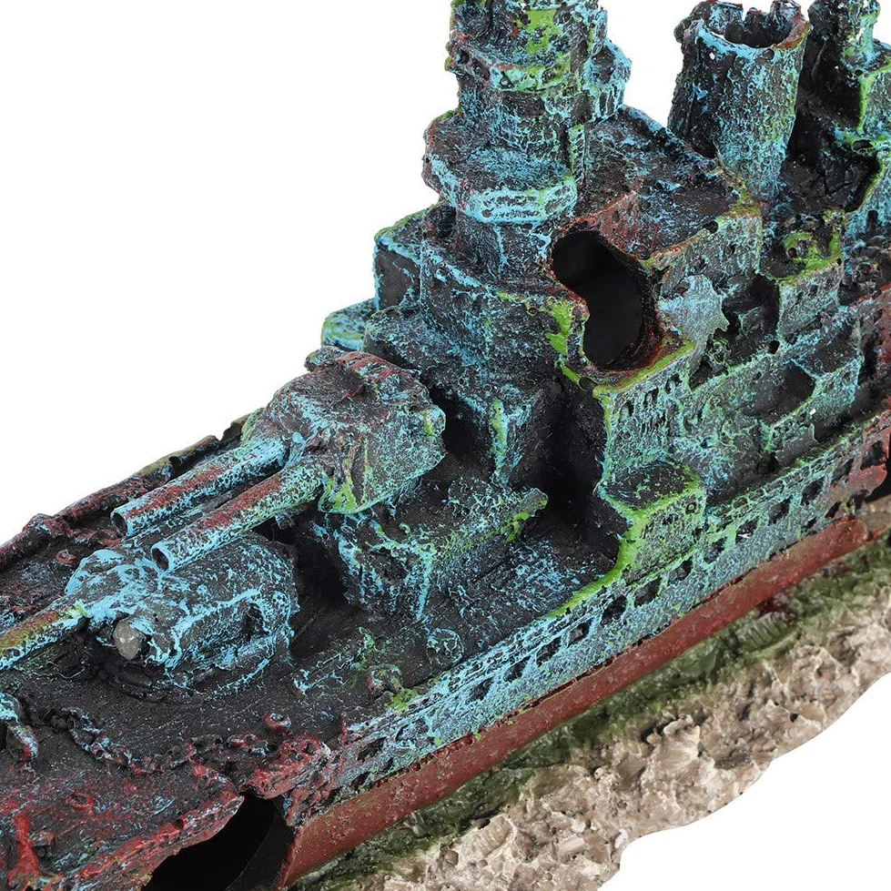 Barco de naufragio de Resina, Acorazado hundido, Barco de Guerra, pecera, Adorno de Acuario, decoración de Cueva, Modelo de Barco de naufragio de simulación con múltiples Agujeros