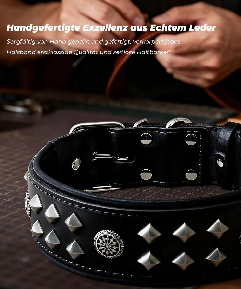 EliteGuard Collar de Perro de Cuero de 5,6 cm de ancho, hecho a mano con remaches y hebilla de acero inoxidable, para uso diario en perros grandes, color negro, 57,5-67,5 cm