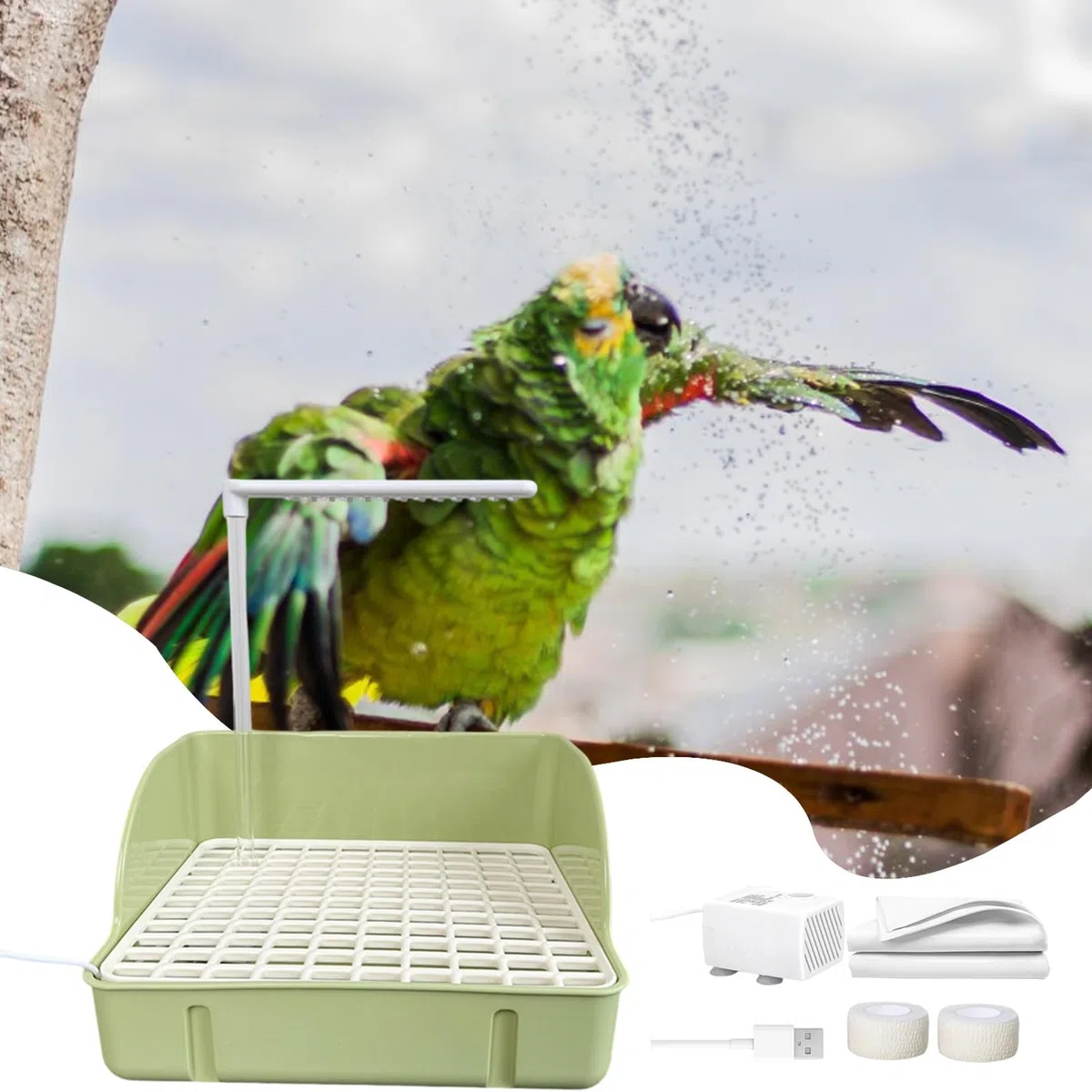 Ducha para pájaros | Automático Pájaros Bañera con Bomba | Diseño Espacial | Loros Contenedor de baño, Jaula de Pájaros Accesorio para Conures, Pinzones, Periquitos, Agaporniss, Perquitas y Guacamayos