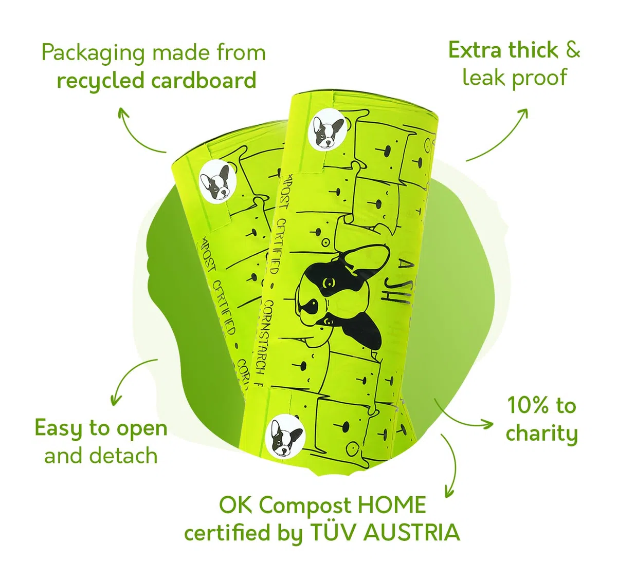 Bolsas compostables para excrementos de perro 100% certificadas para el hogar con asas – 10% a la caridad – Bolsas grandes para excrementos de perro compatibles con ASTM D6400 y EN 13432 – 240 bolsas