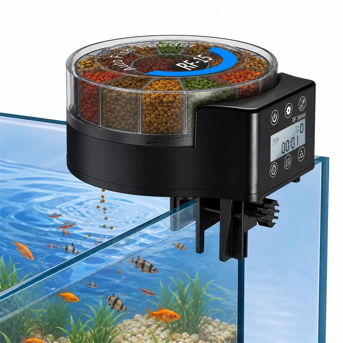 Alimentador Automático Acuarios con Temporizador Recargable, 105ML Comedero Automático de Peces, Dispensador de Comida para Acuarios para Acuario o Peceras