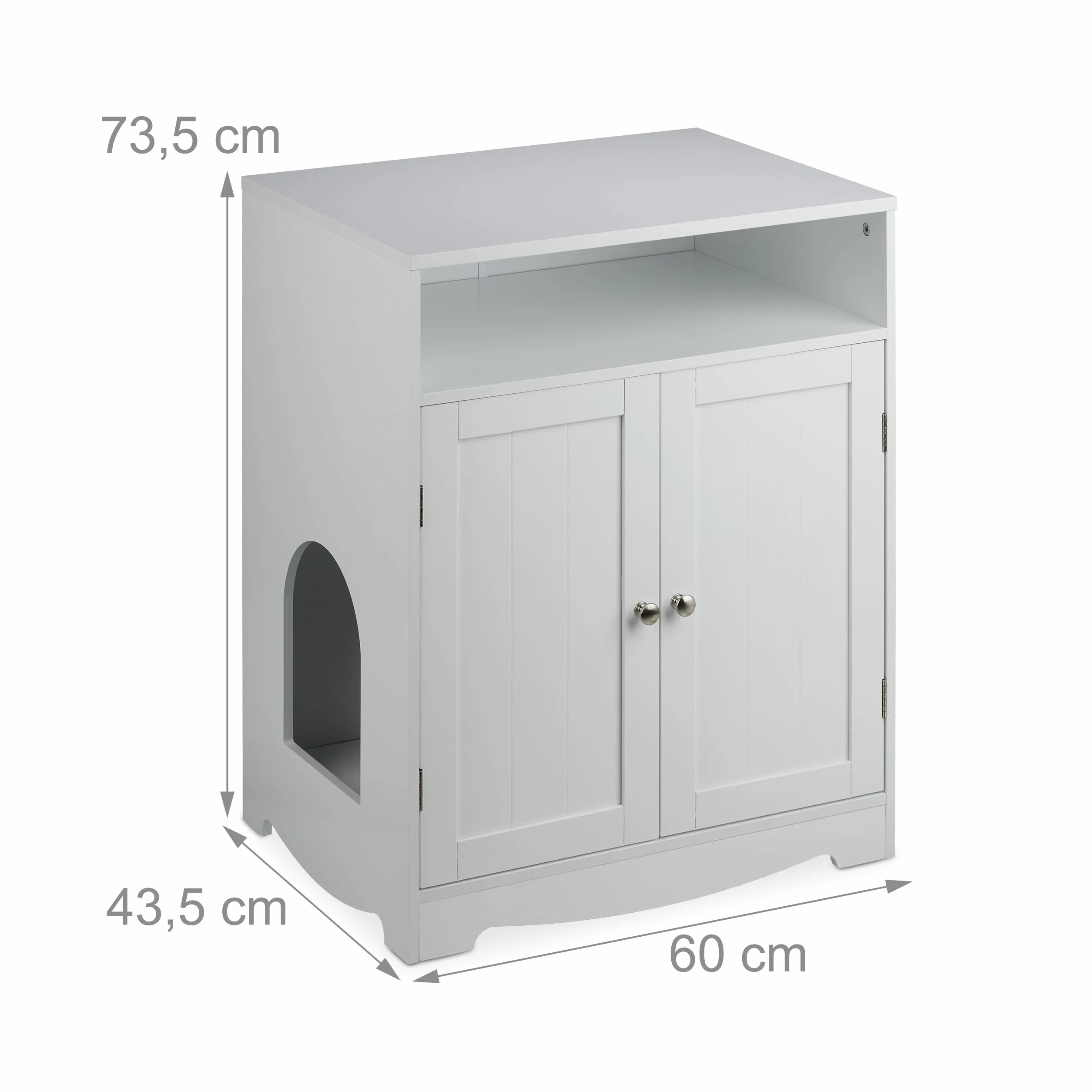 Relaxdays Mueble Arenero de Gato, Armario con 2 Entradas, Compartimento Abierto, 73,5 x 60 x 43,5 cm, Refugio, Blanco