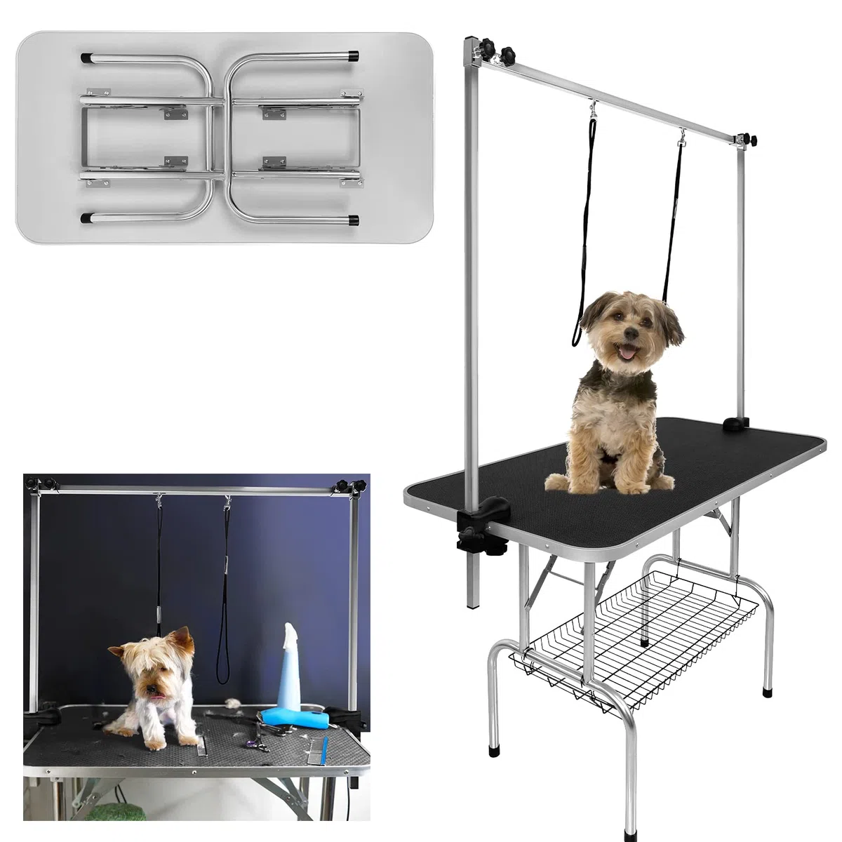 HENGMEI Mesa de Recorte Para Perros, Mesa de Peluquería Canina para Mascotas, Mesa de Recorte Con Brazo de Altura Ajustable, 2 Lazo y Superficie de Goma Resistente a Los Arañazos, 113x60x76cm
