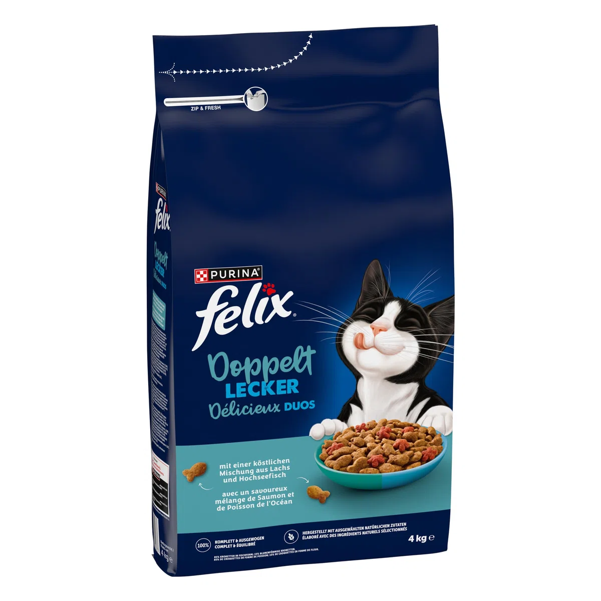 Felix Comida Doble para Gatos Seca, con salmón, Pescado de mar y Rico en Remolacha, 4 Unidades (4 x 4 kg)