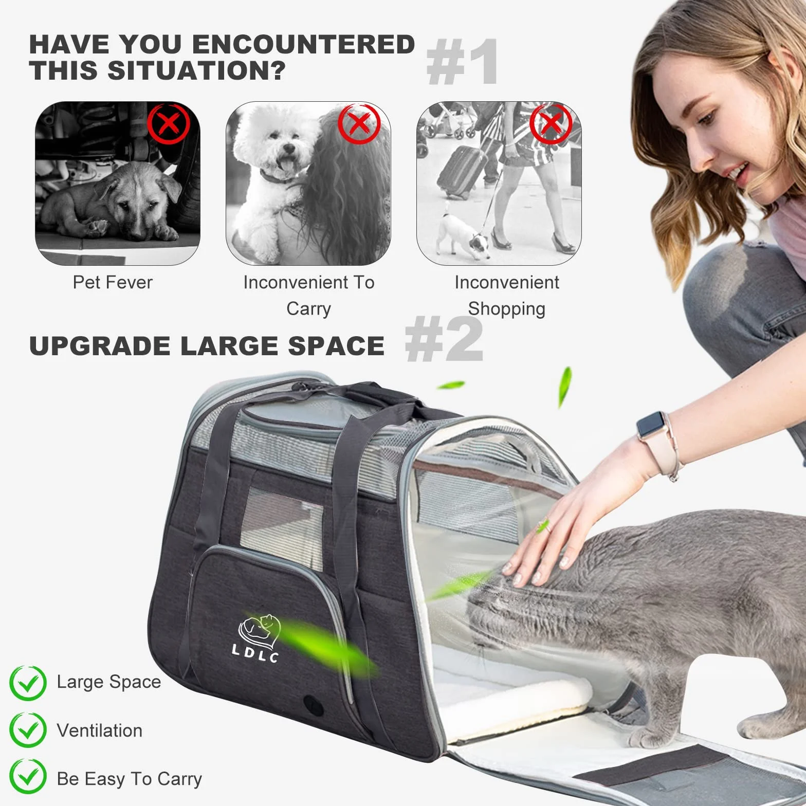 PETCUTE Transportín Perro Gato, Transpirable y Portátil Bolsa de Transporte para Mascotas,Portador de Viaje con Correa de Hombro Ajustable y Cinturón de Seguridad Interno para Tren/Coche/Avión