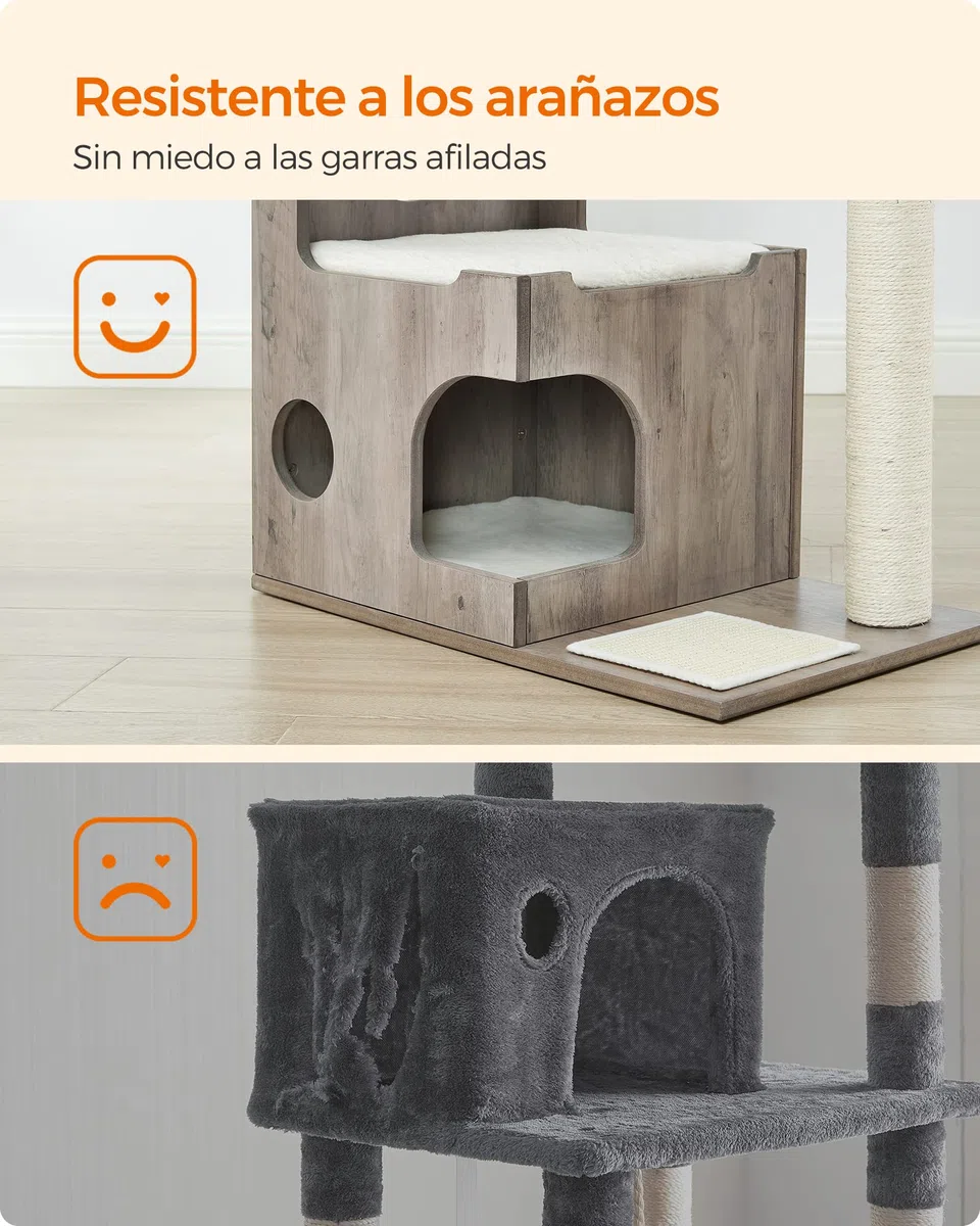 Feandrea Árbol de Gatos, Tablero de aglomerado de 86 cm de Altura, con Poste de Sisal, Plataforma, Cubierta de Piel Sintética Lavable, Greige Melange PCT070G01