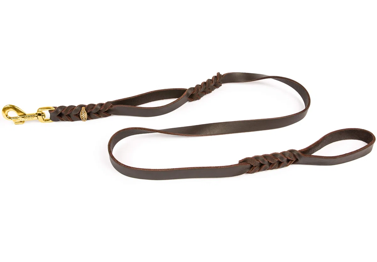 CopcoPet - Correa para perros marrón 1,75 m x 20 mm de piel de vacuno de primera calidad - Correa de piel engrasada suave con mosquetón de latón - Correa trenzada con 2 correas de mano - Accesorios