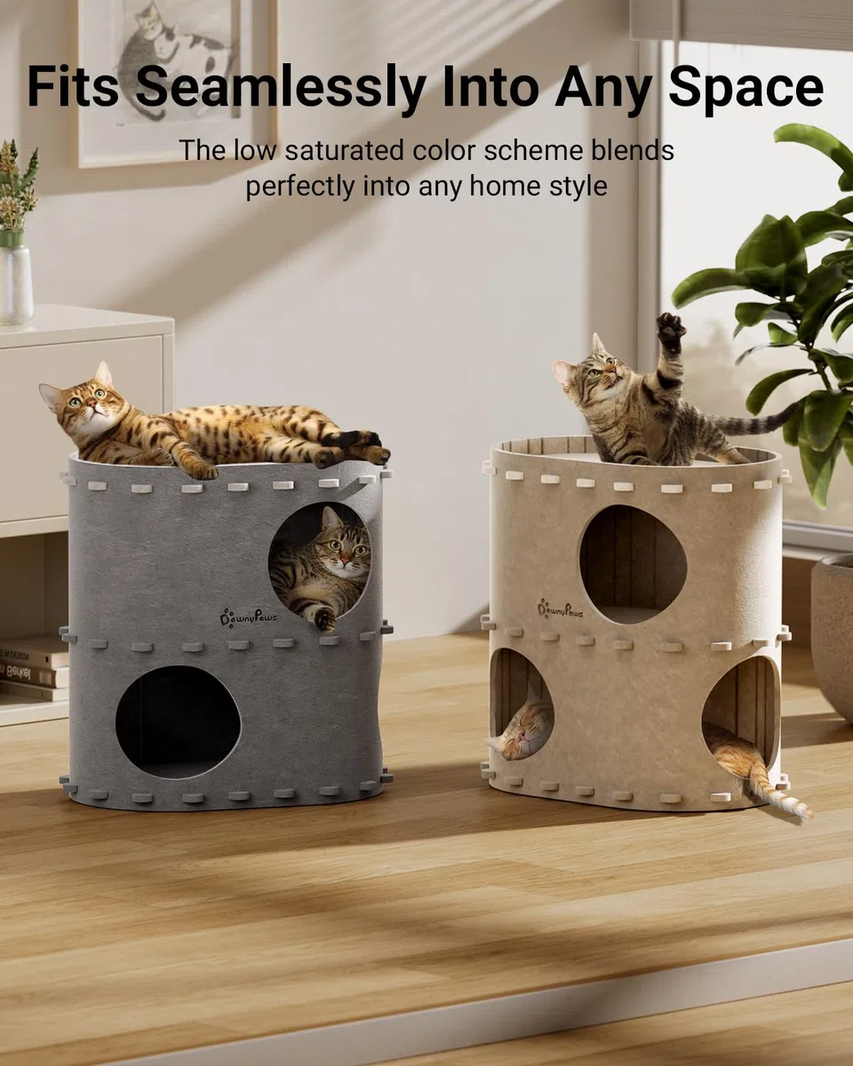 DownyPaws Casa de gato de 2 pisos para gatos de interior, cueva de cama para varios gatos, gris claro