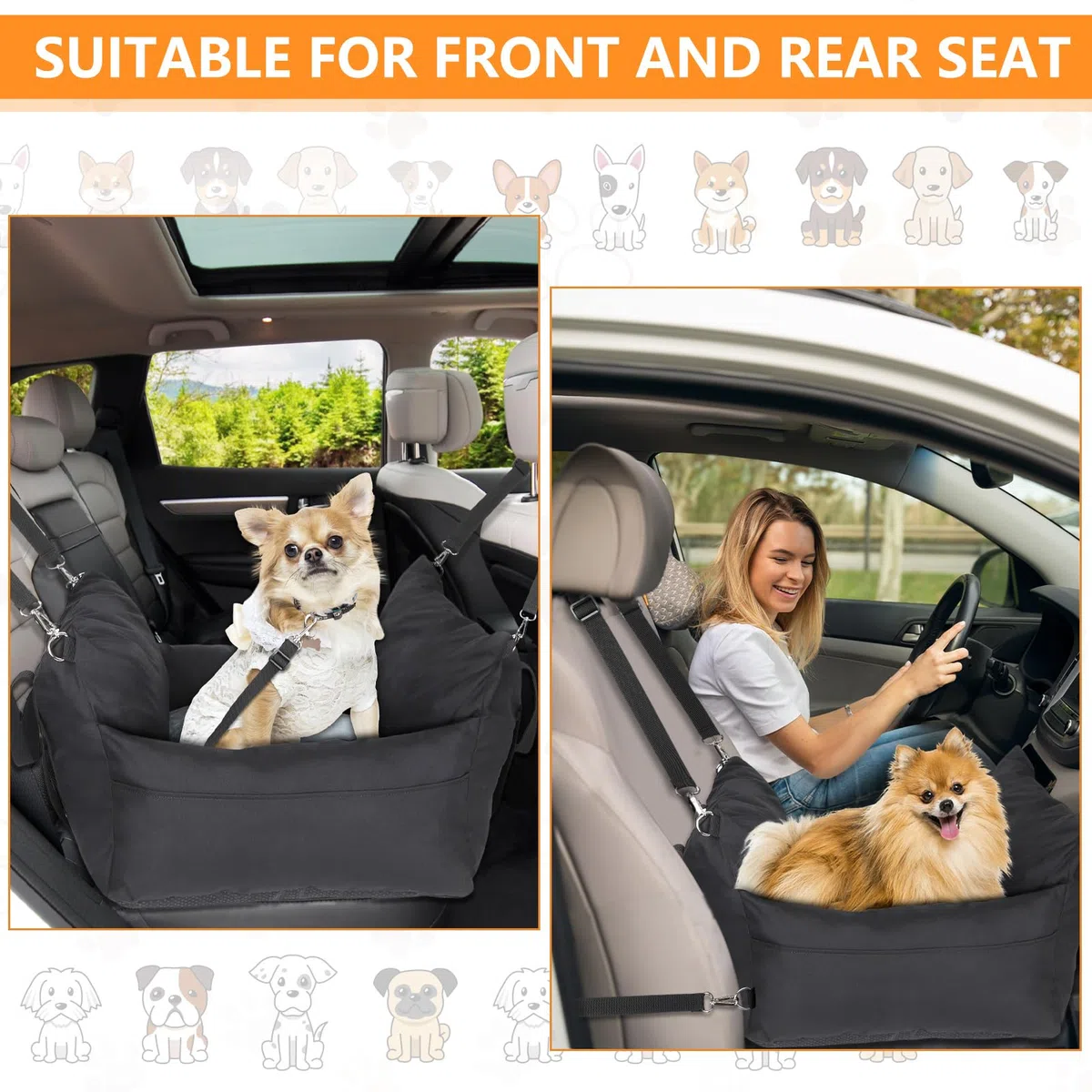 Avmvnvc Asiento Perro Coche Pequeño, Cama Perro Coche Portátil 2-in-1, Asientos Elevadores de Coche para Perros con Cojín Desmontable y Lavable, Correa de Seguridad y Bolsillos Laterales, Negro