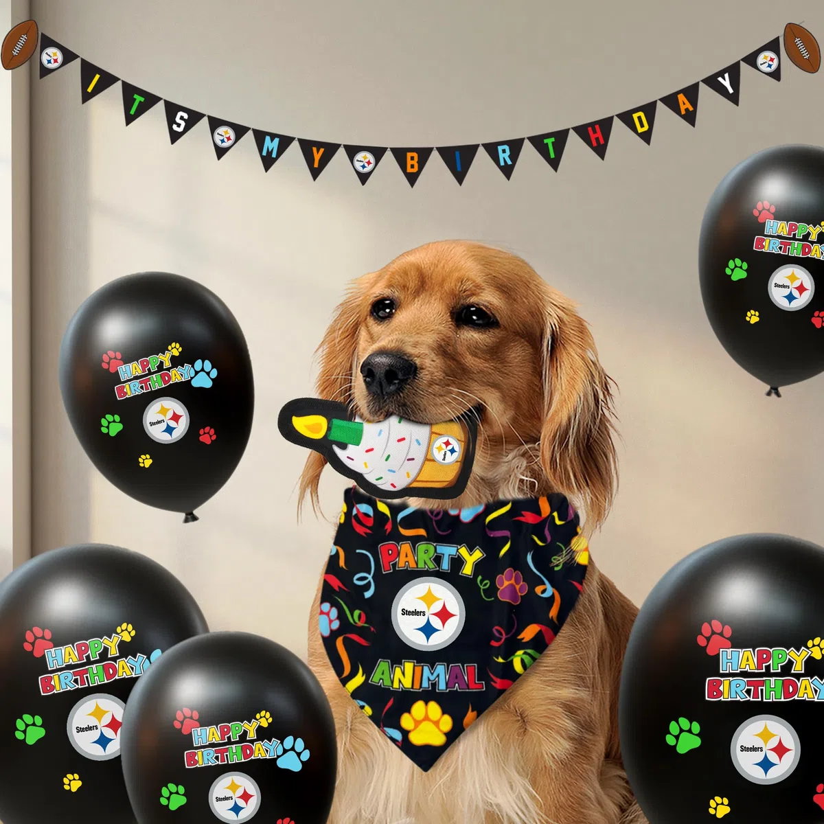 NFL Pittsburgh Steelers - Juego de Fiesta de cumpleaños para Perro, 9 Piezas con 1 Bandana de fútbol pequeño/Mediano, 1 Pancarta, 1 Juguete para Pastel de cumpleaños y 6 Globos del día B, Juego de