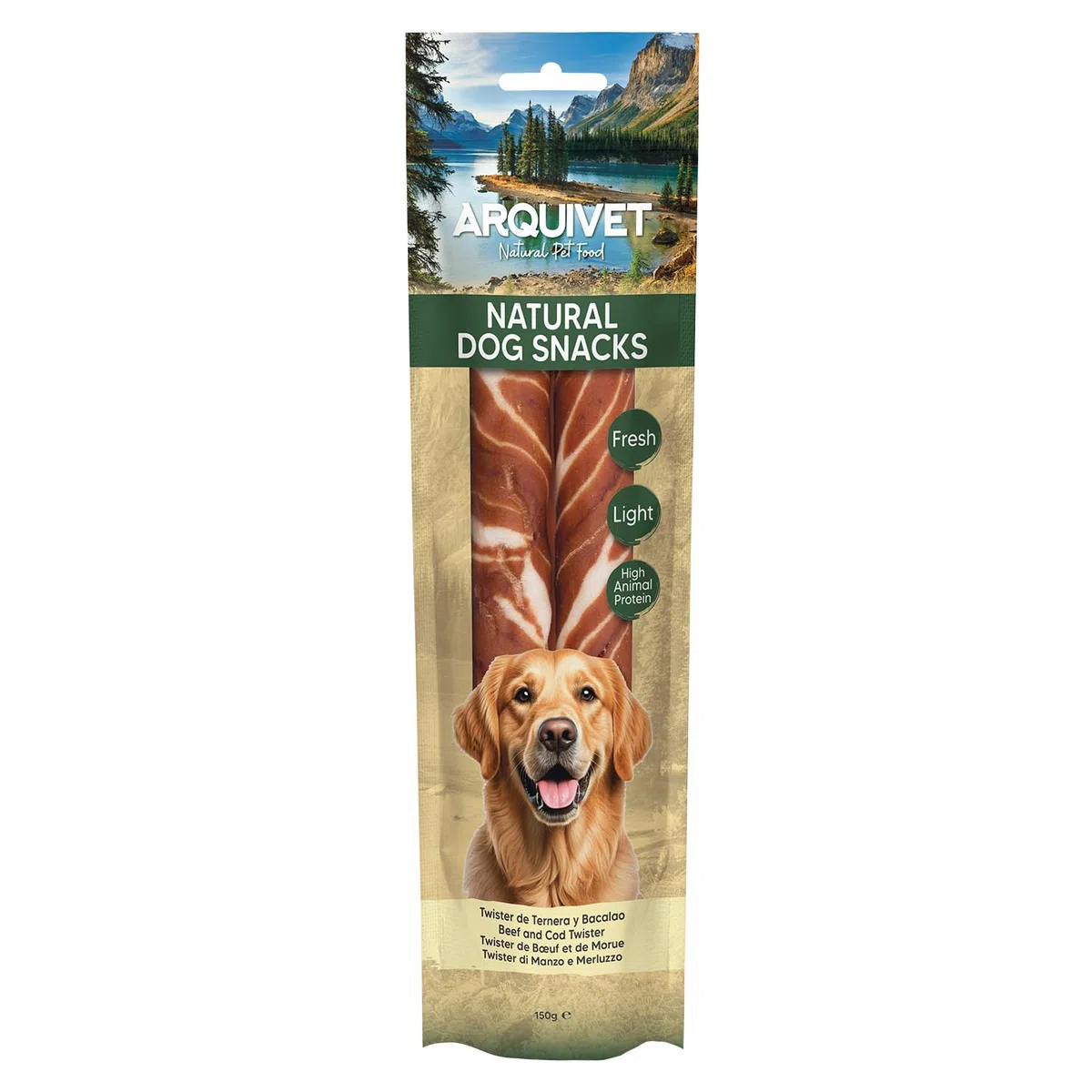 Snacks para Perro (Pack de 12) - Twister de Ternera y Bacalao 24cm - 150gr, Natural Dog Snacks - Arquivet