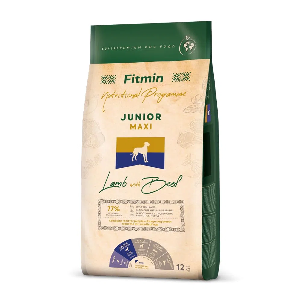 Fitmin Medium Maxi Junior Lamb with Beef | Comida seca para perros | Alimento con cordero y carne de vacuno | 77% de materias primas animales | Para cachorros de razas grandes y gigantes | 12 kg