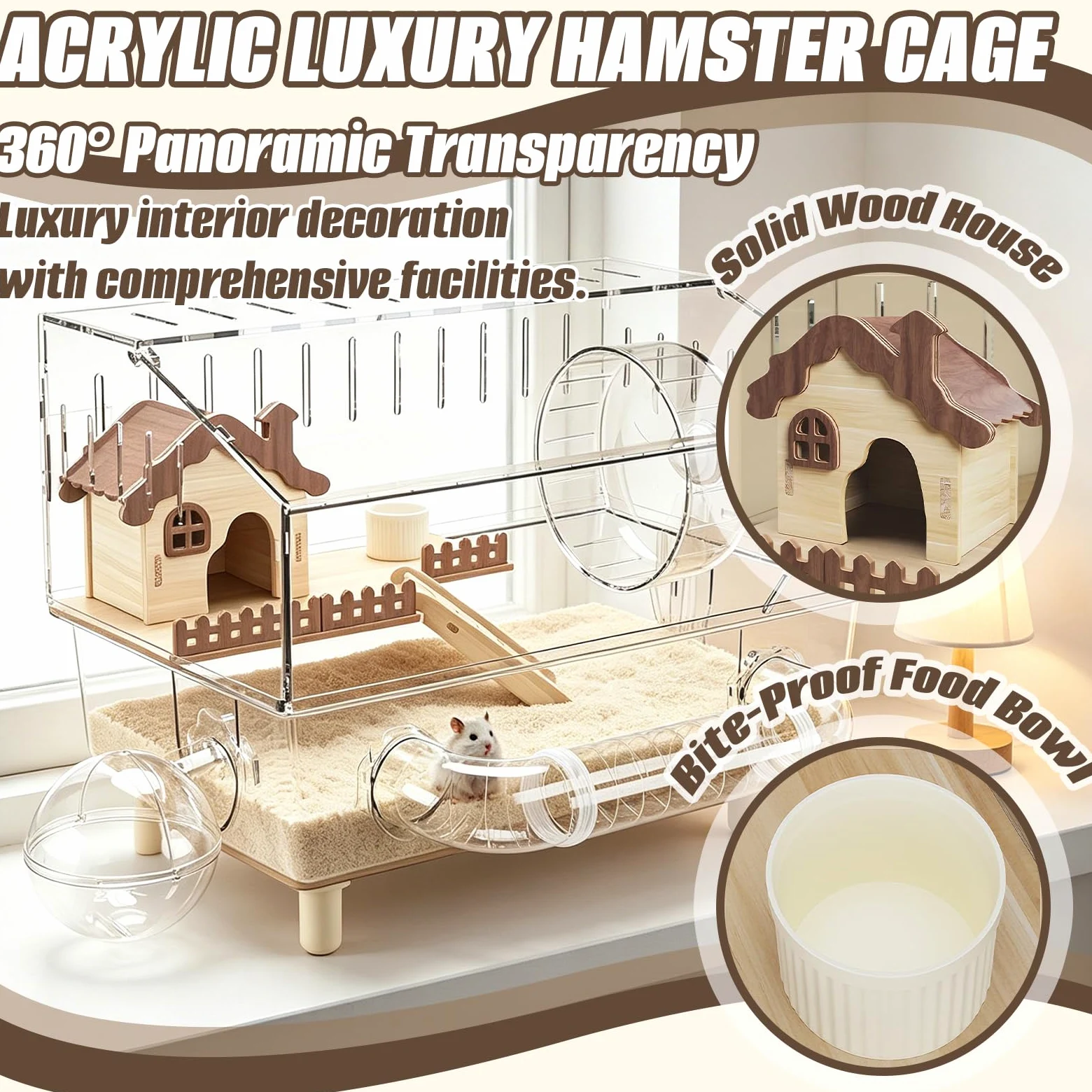 Jaula Hamster, 43 x 30 x 34 cm Jaula Grande para Hámster de Acrílico con Zona de Descanso Rueda de Ejercicio Túnel Baño Exterior Tetera y Comedero para Animales Pequeños para Jugar y Retozar