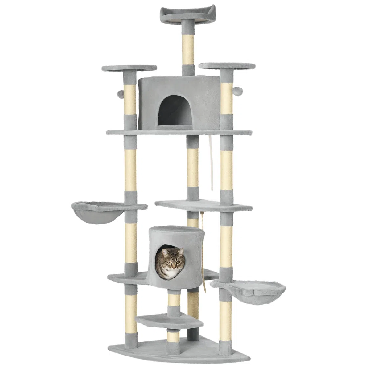 PawHut Árbol Rascador para Gatos Altura 200 cm Torre 60x60x200 cm Gris | Torre para Gatos, 2 Cuevas, 2 Hamacas, Cama, Múltiples Plataformas, Postes de Sisal, Bolas de Juguete