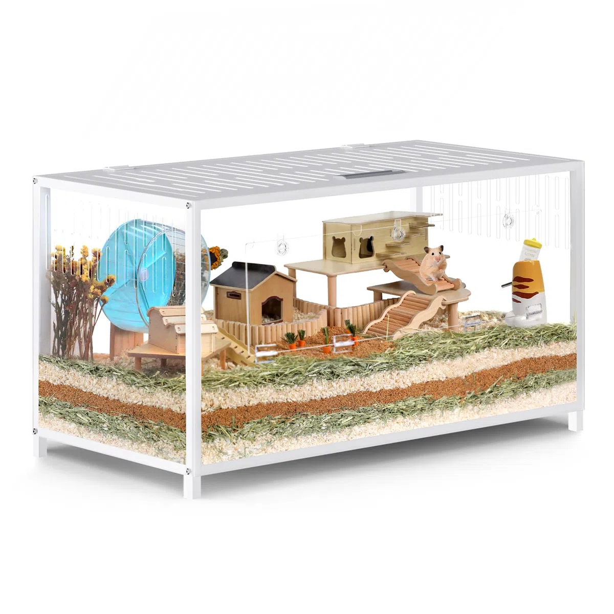 BORISI Jaula para Hámster Grande 103x56x52 cm, Metal y Acrílico | Espacio 0,58 m², Para hámster y ratón, Base profunda, Vista acrílica, 2 puertas aireadas, Guía de montaje