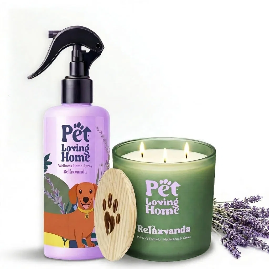 Pack Vela Aromática 350g + Ambientador Spray 200ml - Set Regalo Aroma Lavanda - Neutralizador de Olores de Mascotas - Pet Friendly Perro y Gato - Vela de Soja Decorativa