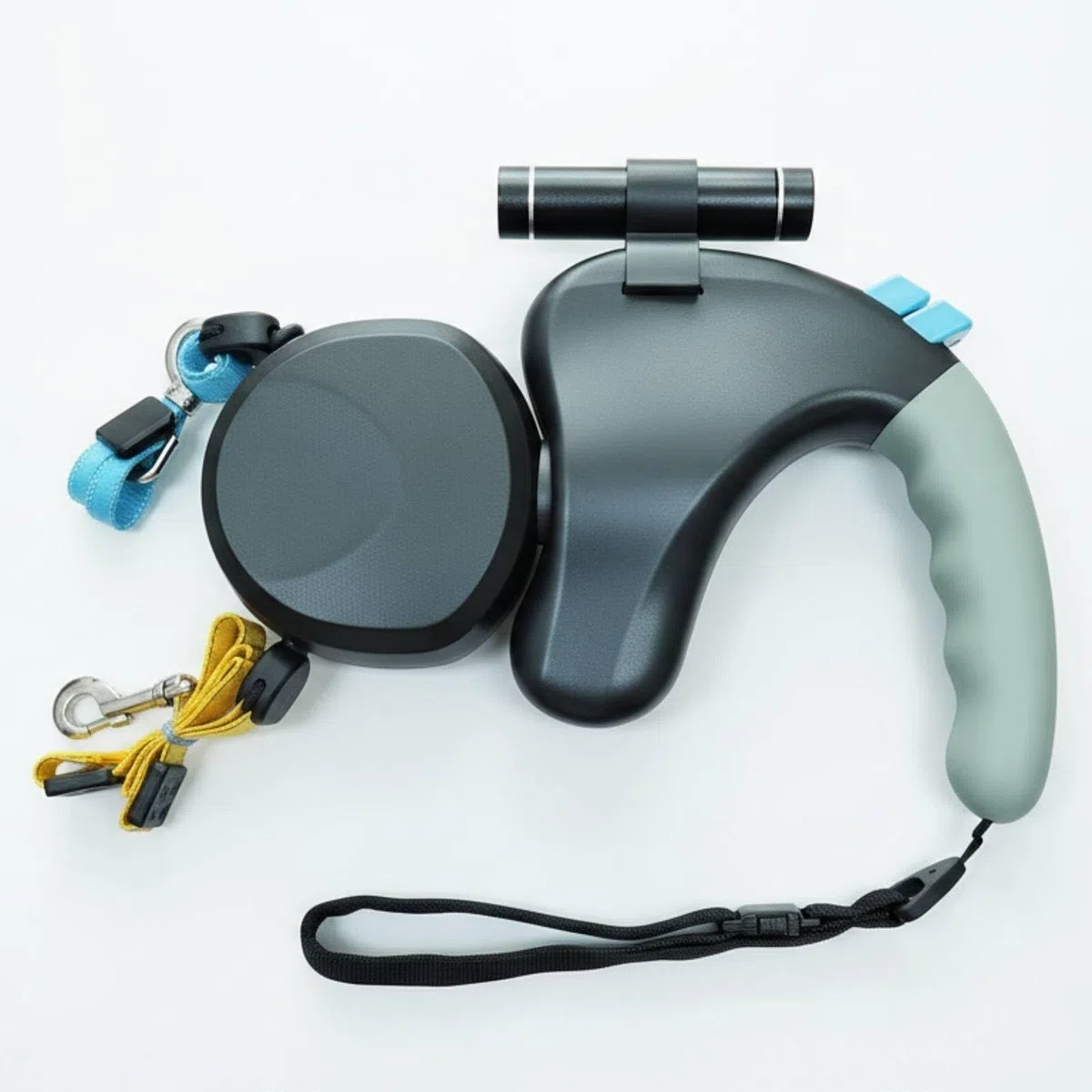 Correa Doble para Perros Correa Retráctil Doble Correa Bifurcada Correa Extensible con Rotación Completa 360 Grados Linterna Desmontable y Empuñadura, Gris