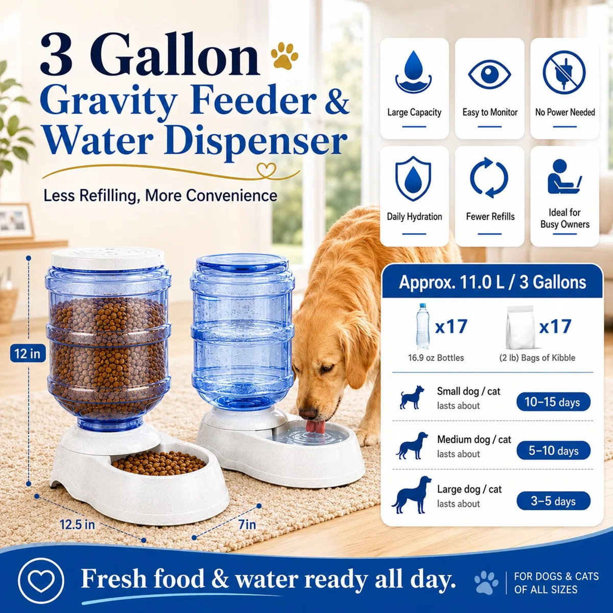 Juego de comedero automático para perros y dispensador de agua para perros grandes, juego de dispensador de comida y agua de 3 galones con cuenco de comida para mascotas, estación dispensadora de agua