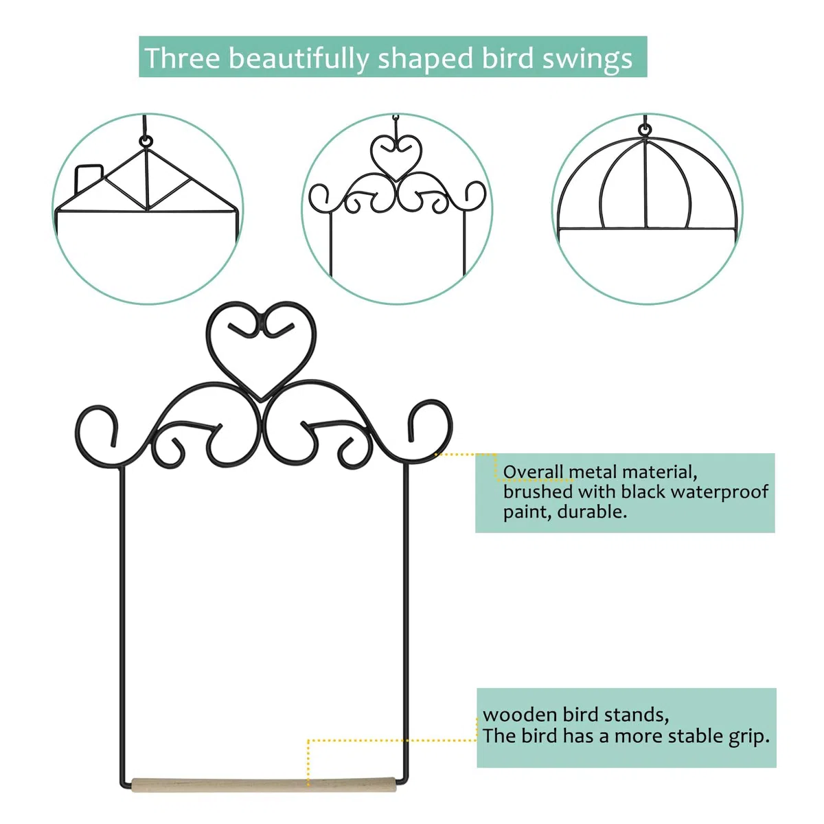 Columpios y perchas de metal para colibrí con clavija de madera, columpio para pájaros negros, para exteriores, 3 unidades