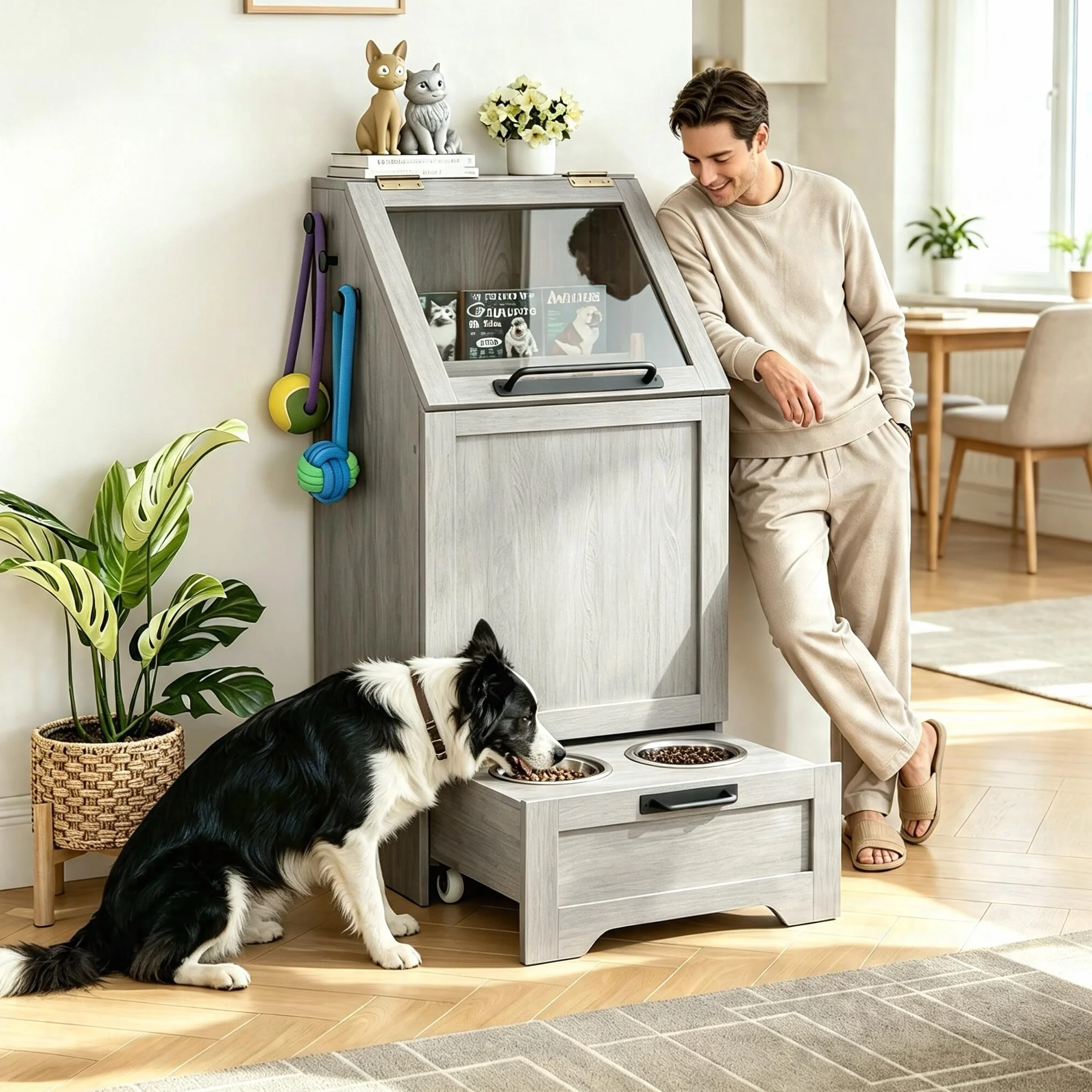 Comedero multifuncional para perros con armario de almacenamiento, cuencos elevados de acero inoxidable y ganchos para accesorios – Comedero de madera para perros y gatos para cocina o comedor