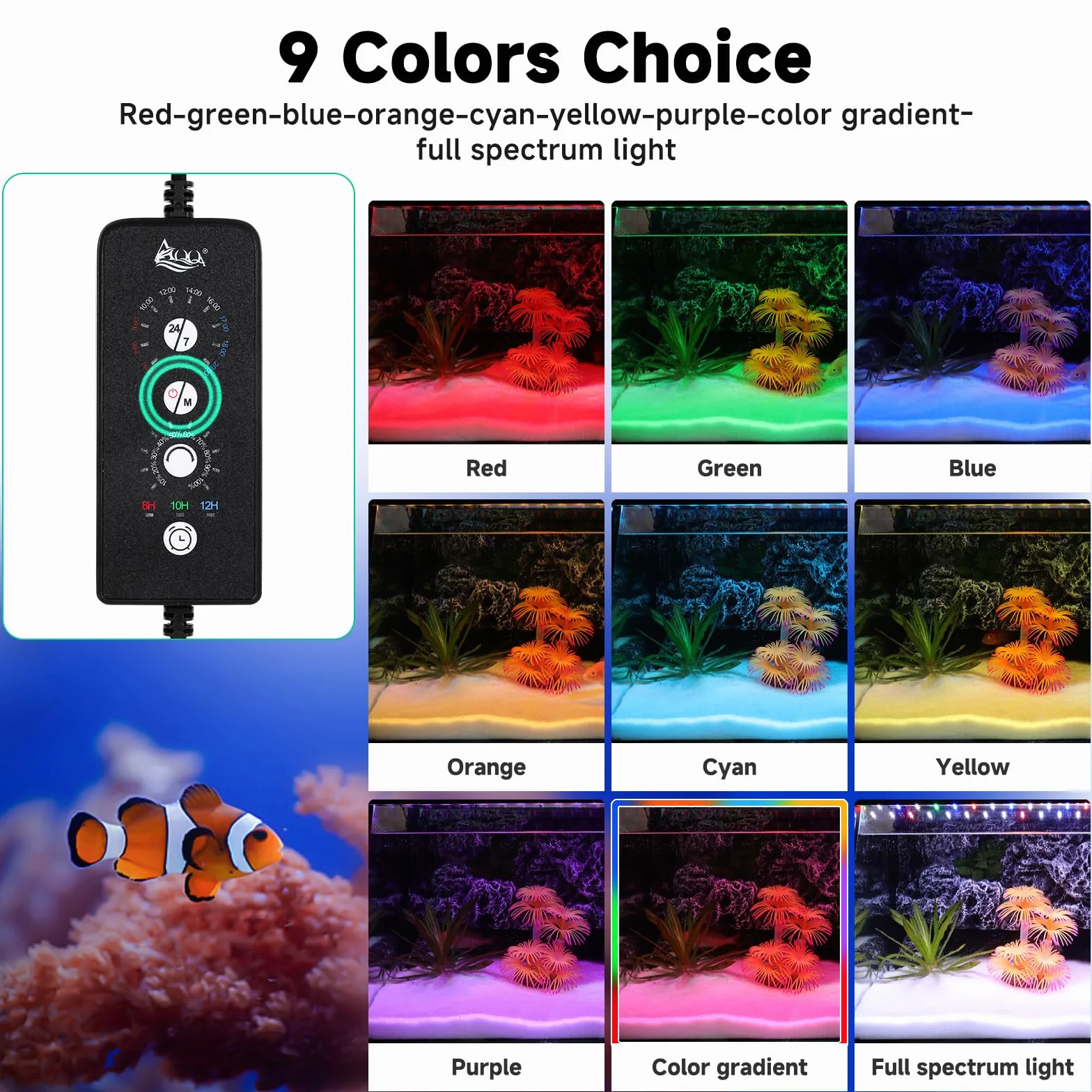 AQQA Luz de acuario LED, 30W espectro completo 24/7 modo pecera luz LED, temporizador ajustable brillo acuario iluminación, luz de plantas acuario con función de memoria y soporte expandible, para 80