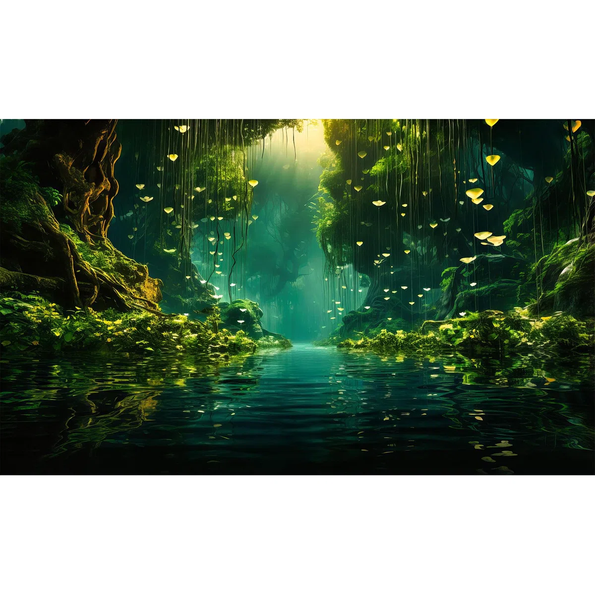 Fondo de acuario de selva densa, bosque lluvioso, lago tranquilo, terrario, fondo de niebla rayos de sol, bosque, estilo selva, fondo de fondo para peceras, decoración de póster de vinilo,