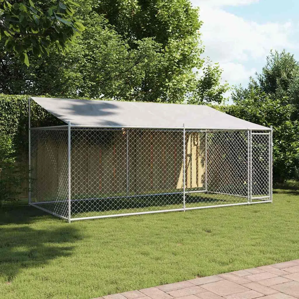 Perrera para perros con techo y puerta, gris, 4 x 2 x 2 m, acero galvanizado, caño para perros, recinto para cachorros, rejilla, cercado, jardín, exterior para protección segura y