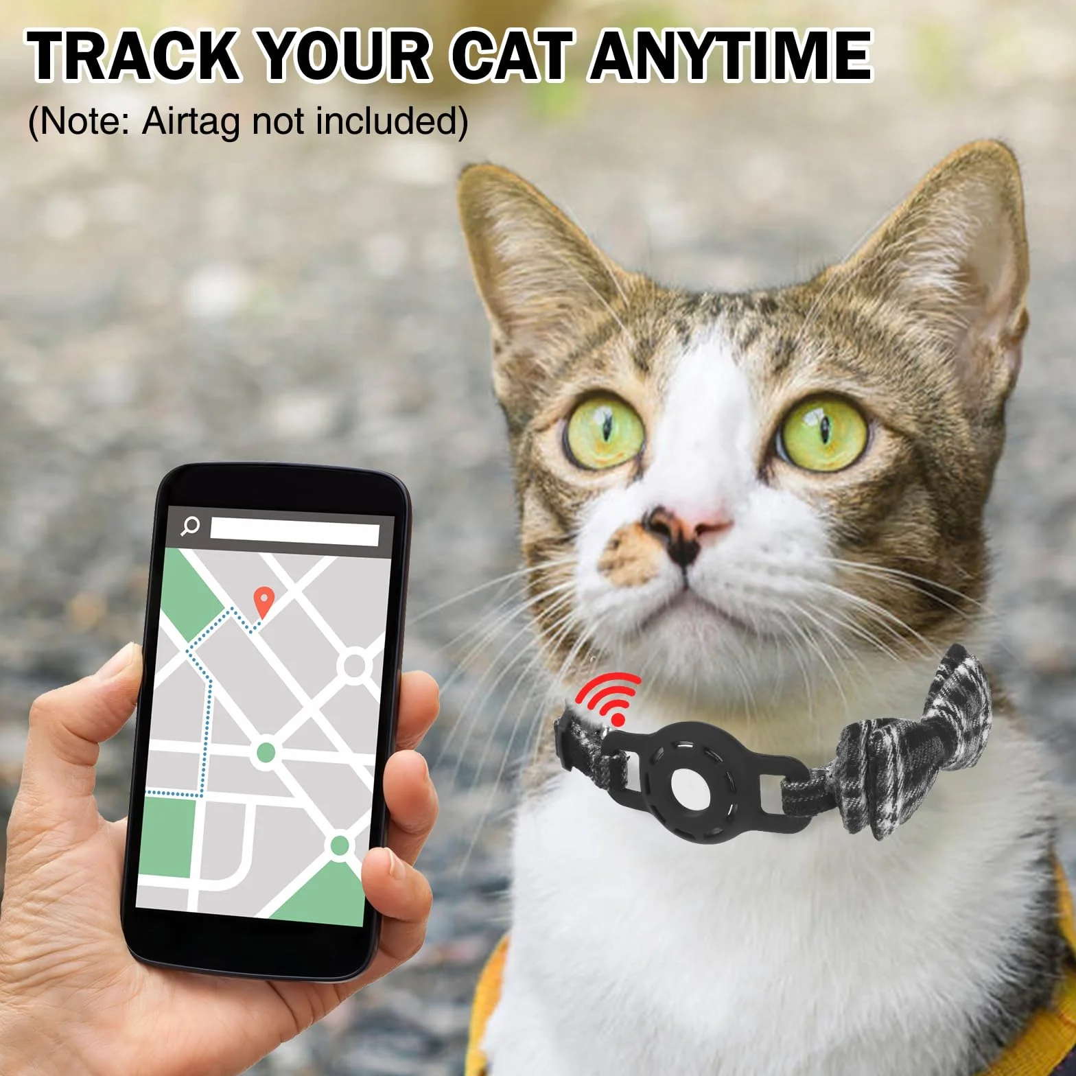 Collar de gato Airtag con campanas y pajarita, bonita banda elástica de seguridad ajustable, collares para mascotas con soporte impermeable para Airtag, collares de gato con rastreador GPS