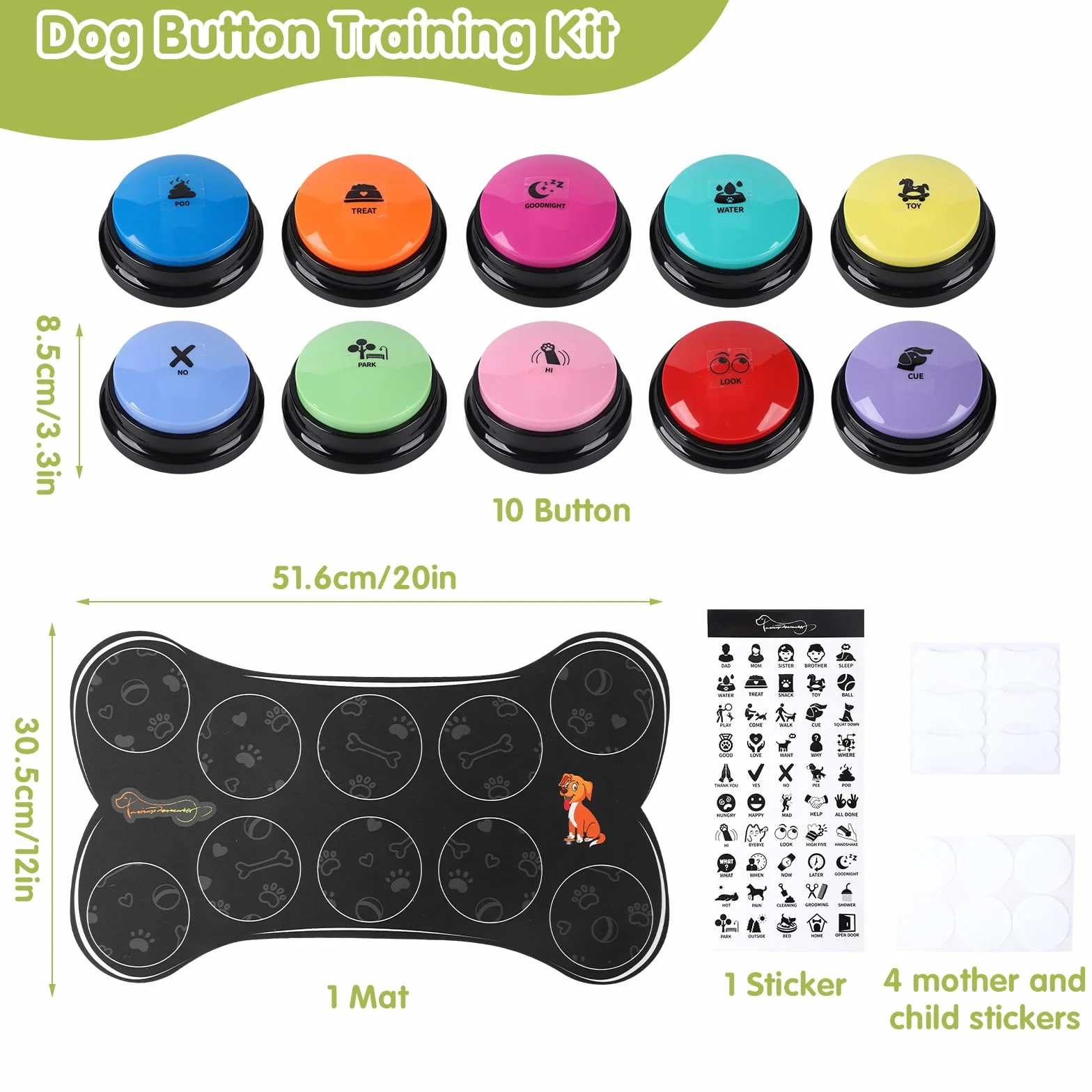 Botones para Comunicación Perro 10 Botones para Hablar Inicio 30S HD Botones de Entrenamiento con Alfombrilla Antideslizante Impermeable + 50 Pegatinas Escenales | Botón de entrenamiento para perros, alfombrilla impermeable + adhesivo de entrenamiento par