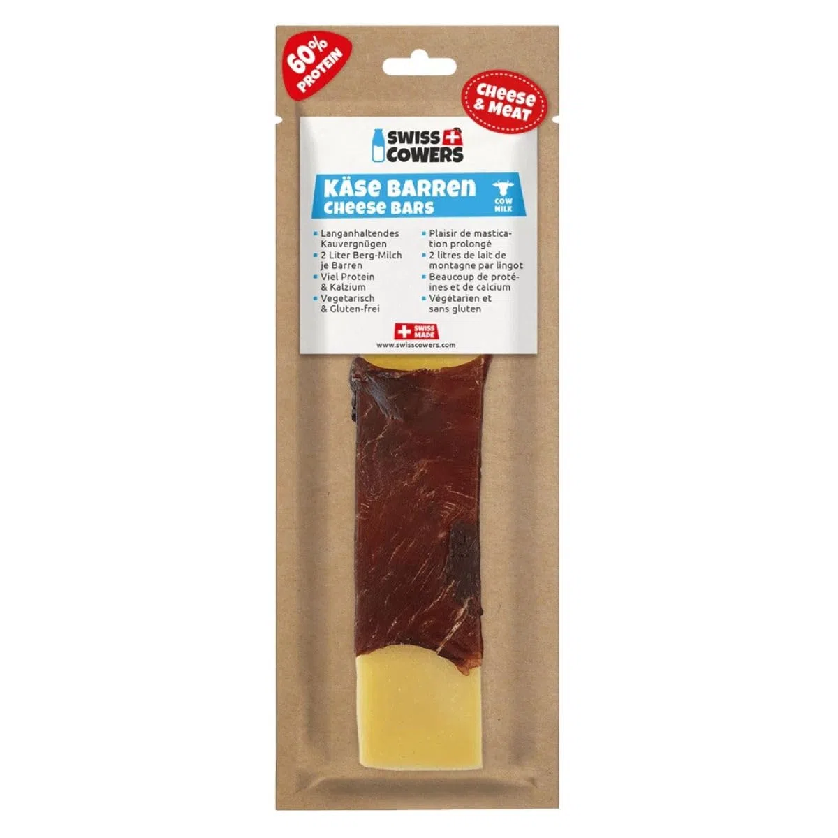 Swiss Cowers - Lingote de queso con carne de vacuno, 100% leche suiza, huesos masticables de queso, cuidado dental, placer masticable duradero, único y delicioso, original de Suiza (perros grandes)
