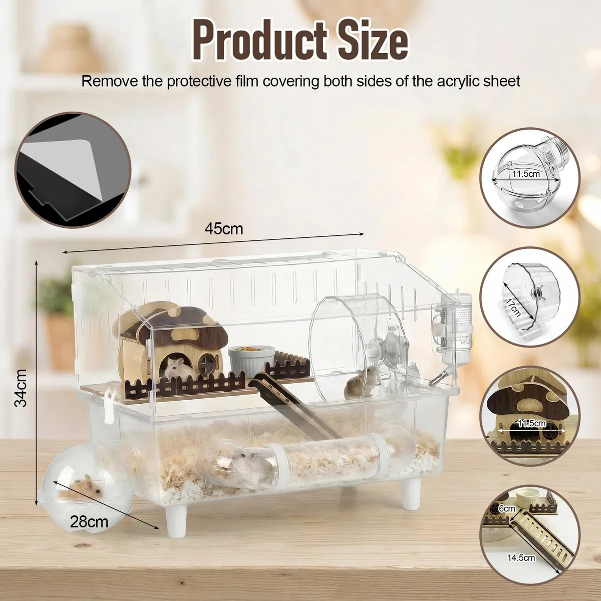 Jaula grande de acrílico para hámster de 2 capas, jaula de hámster sirio con ventana de visualización, 45 x 28 x 34 cm, jaula de jerbo transparente con decoración de casa de hongos, jaula de ratón
