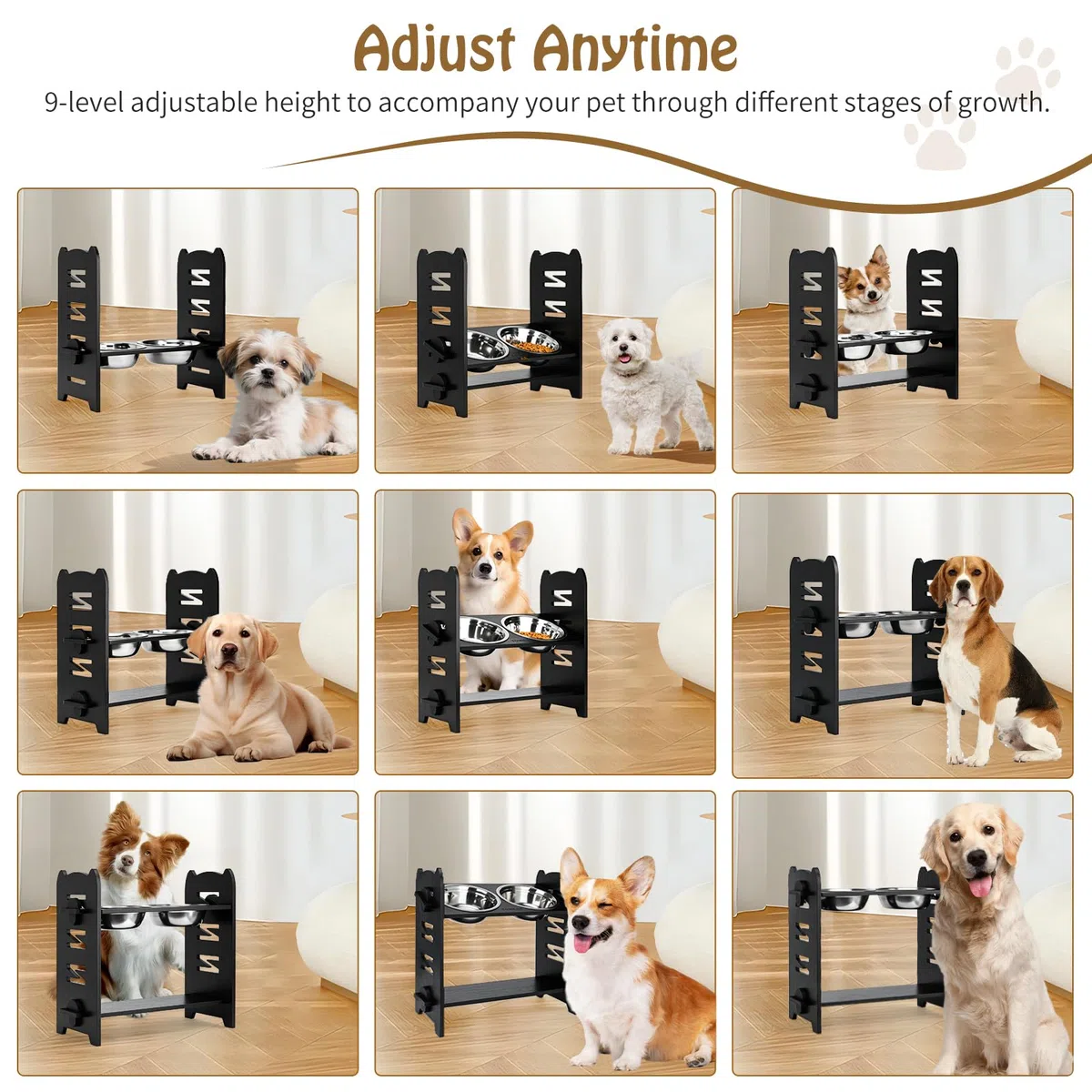 Cuenco elevado para perros, cuencos elevados para perros, 9 niveles ajustables, estación de alimentación de bambú elevada para perros, 2 cuencos de acero inoxidable para mascotas, cuencos para perros