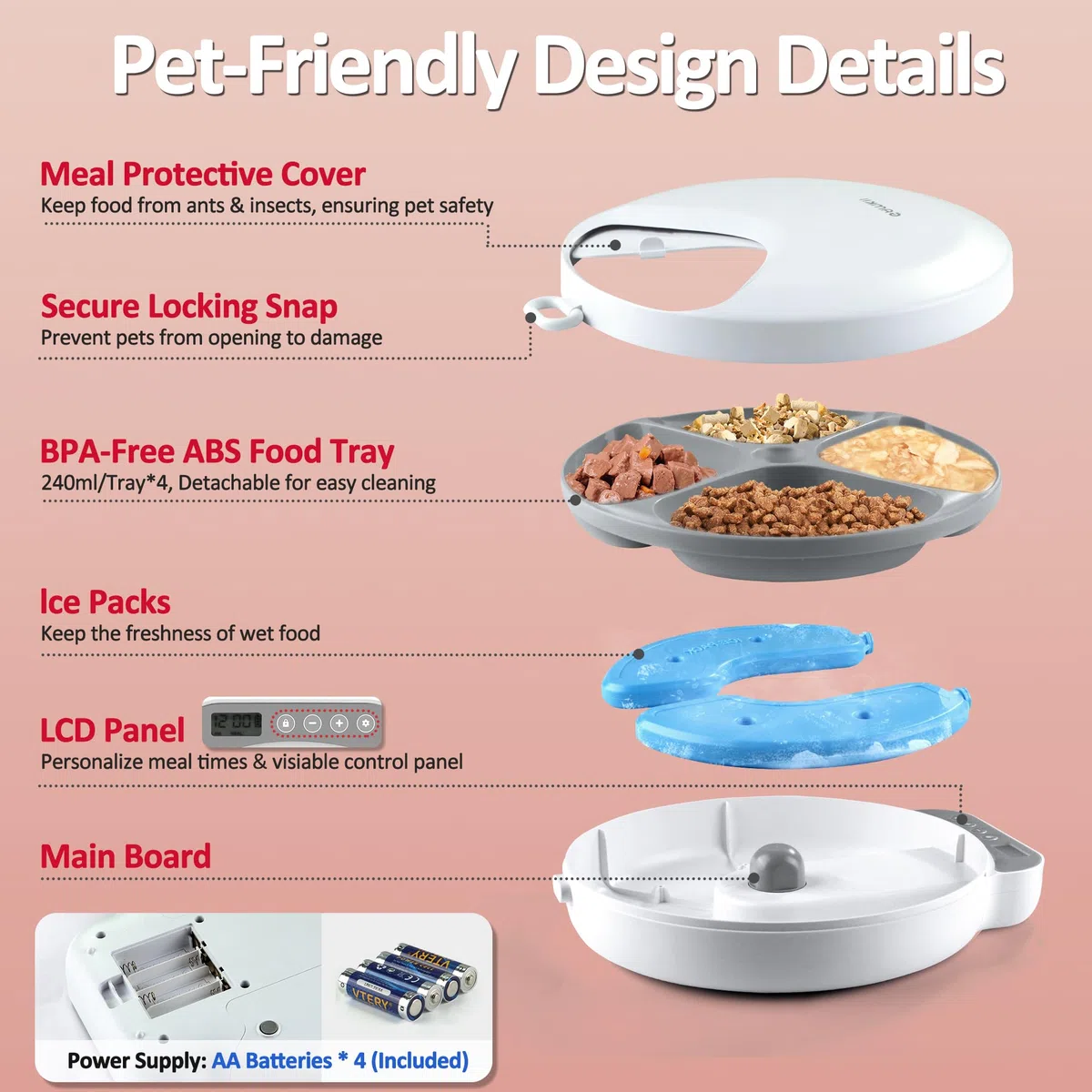 Alimentador automático para gatos, alimentador automático de alimentos húmedos/secos con 2 paquetes de hielo, temporizador programable inalámbrico de 4 comidas, dispensador automático para mascotas