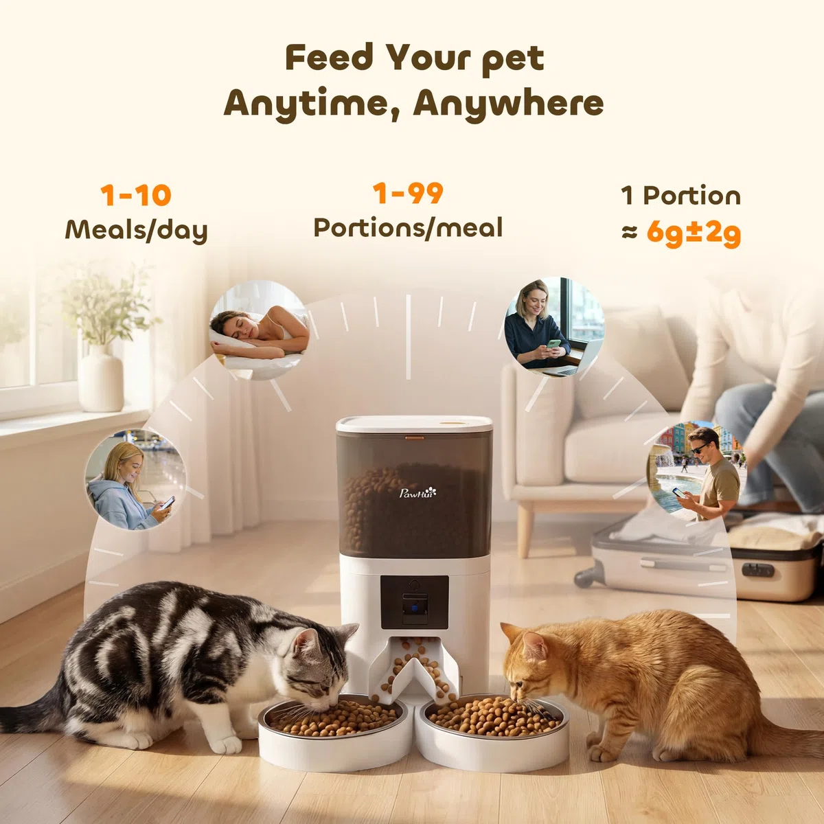 Comedero automático para Gatos PawHut con cámara HD para 2 Gatos, dispensador Inteligente de Comida para Mascotas de 6 litros con WiFi 2.4G/5G y Control Mediante aplicación, comedero programable con