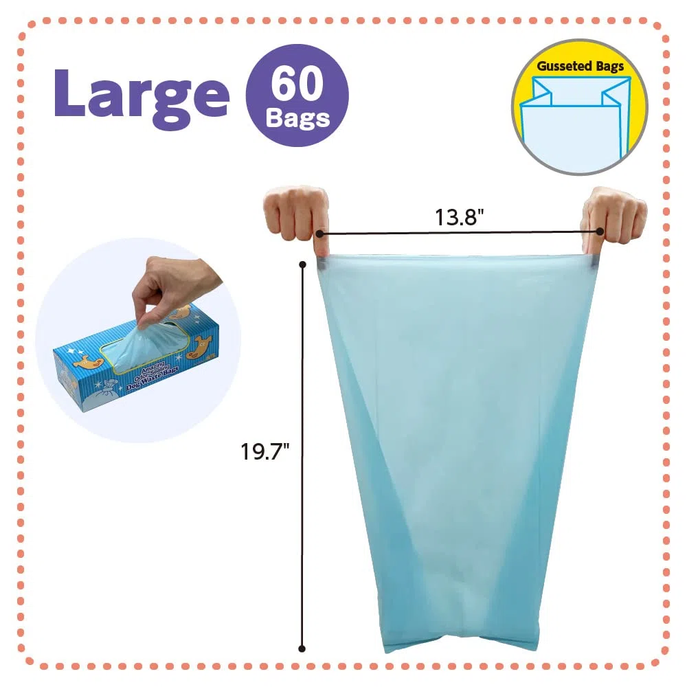 BOS Bolsas para excrementos de perro con sellado de olores increíbles, duraderas, sin perfume [tamaño: L, color: azul claro] (60 unidades, paquete de 1) (60 bolsas)