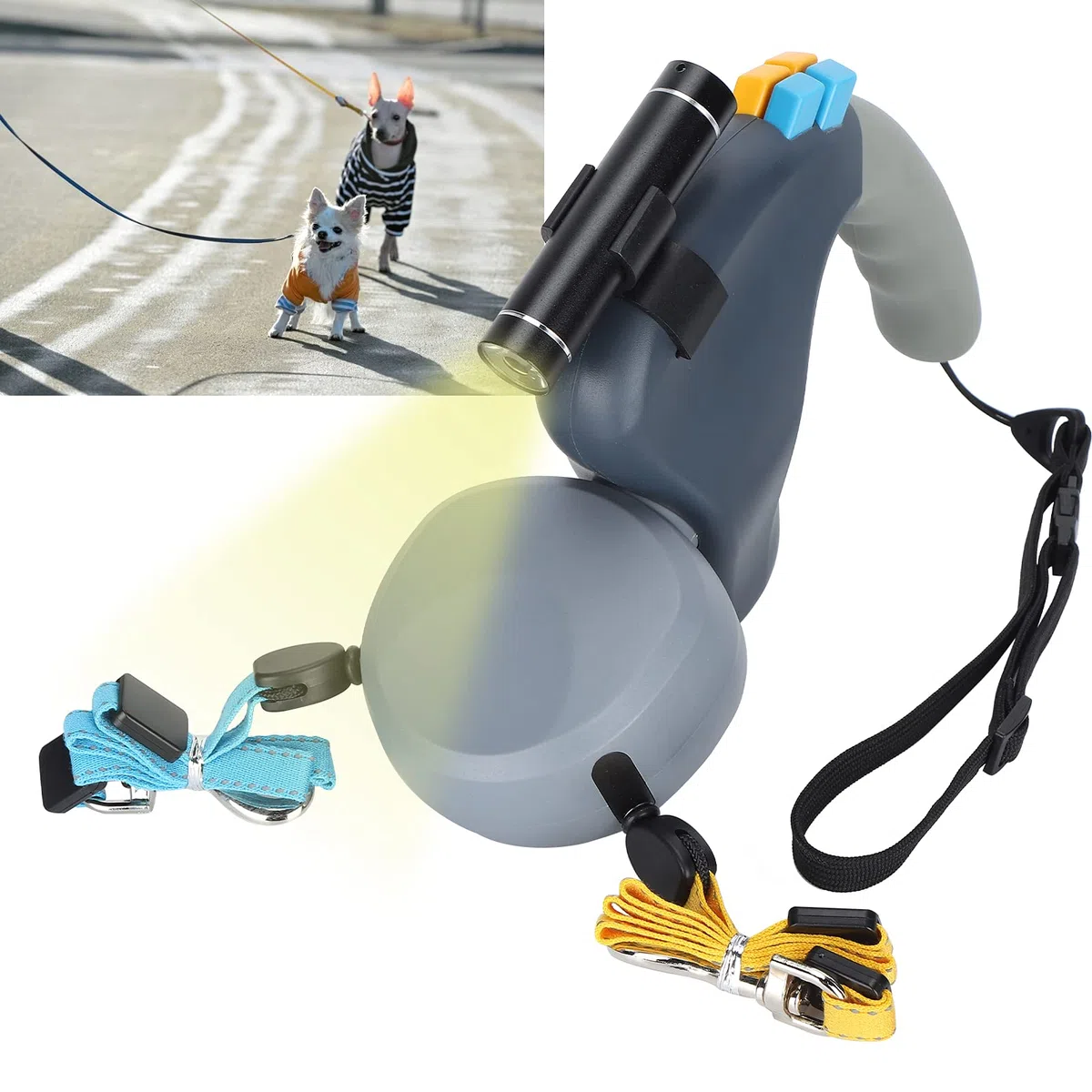 Correa Doble Retráctil para Perros con Luz LED, Correa Doble para Mascotas para Dos Perros Caminando, Cordón Ajustable, Cómodo, Material ABS (Gray)