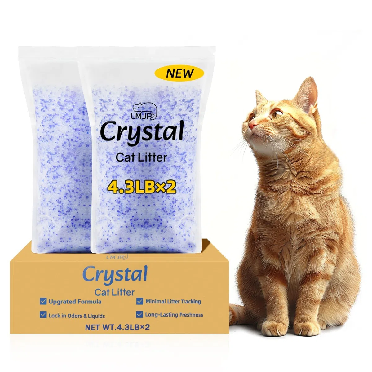 LMJP Arena cristalina para gatos con potente control de olores, no se aglutina, dura hasta 2 meses, 8.5 libras, rápida absorción de agua, sin perfume y de bajo seguimiento, sílice azul y blanco ligera