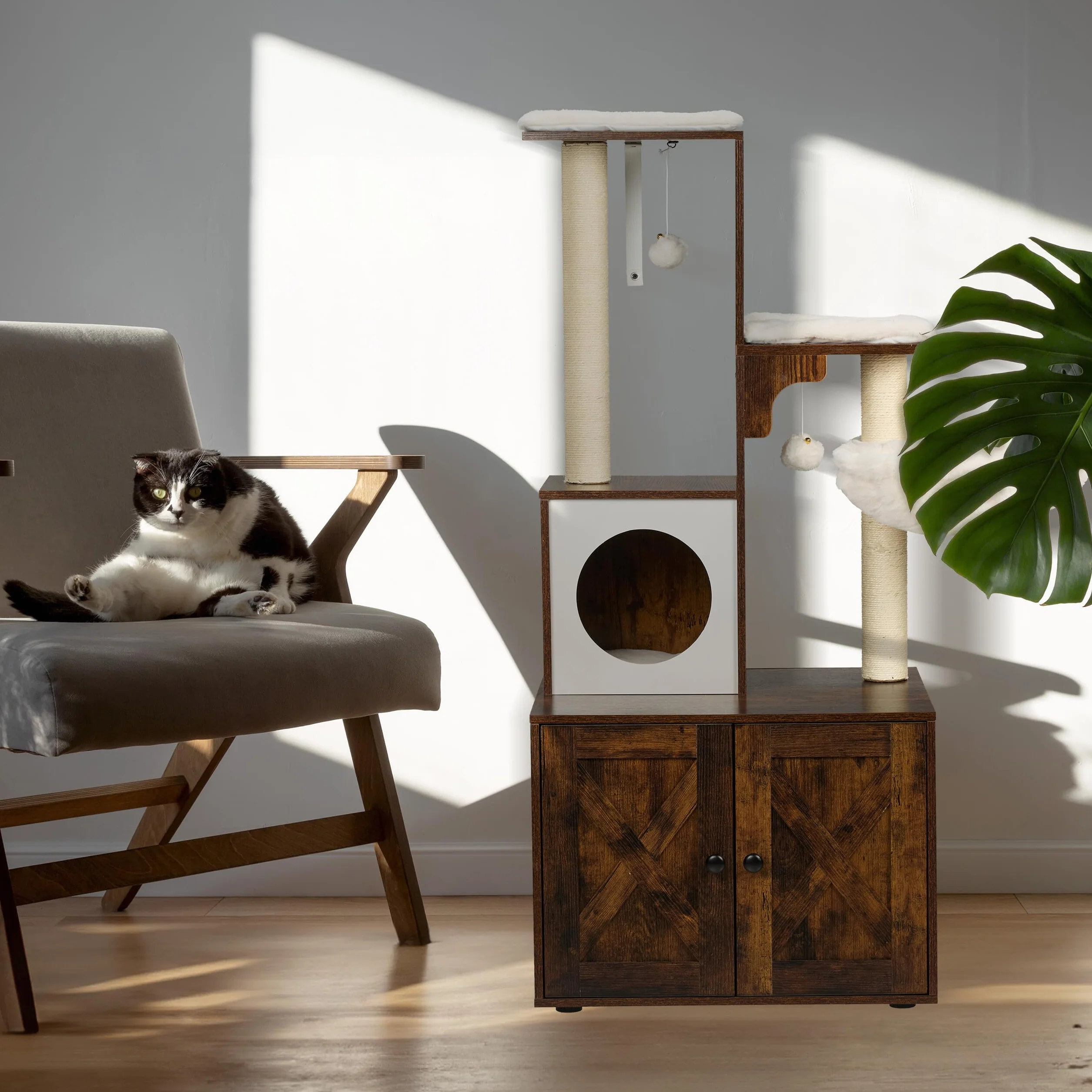 Relaxdays Mueble para Gatos con Rascador y Armario para Arenero, 128x95x52 cm, Torre con Poste de Sisal, Marrón y Blanco