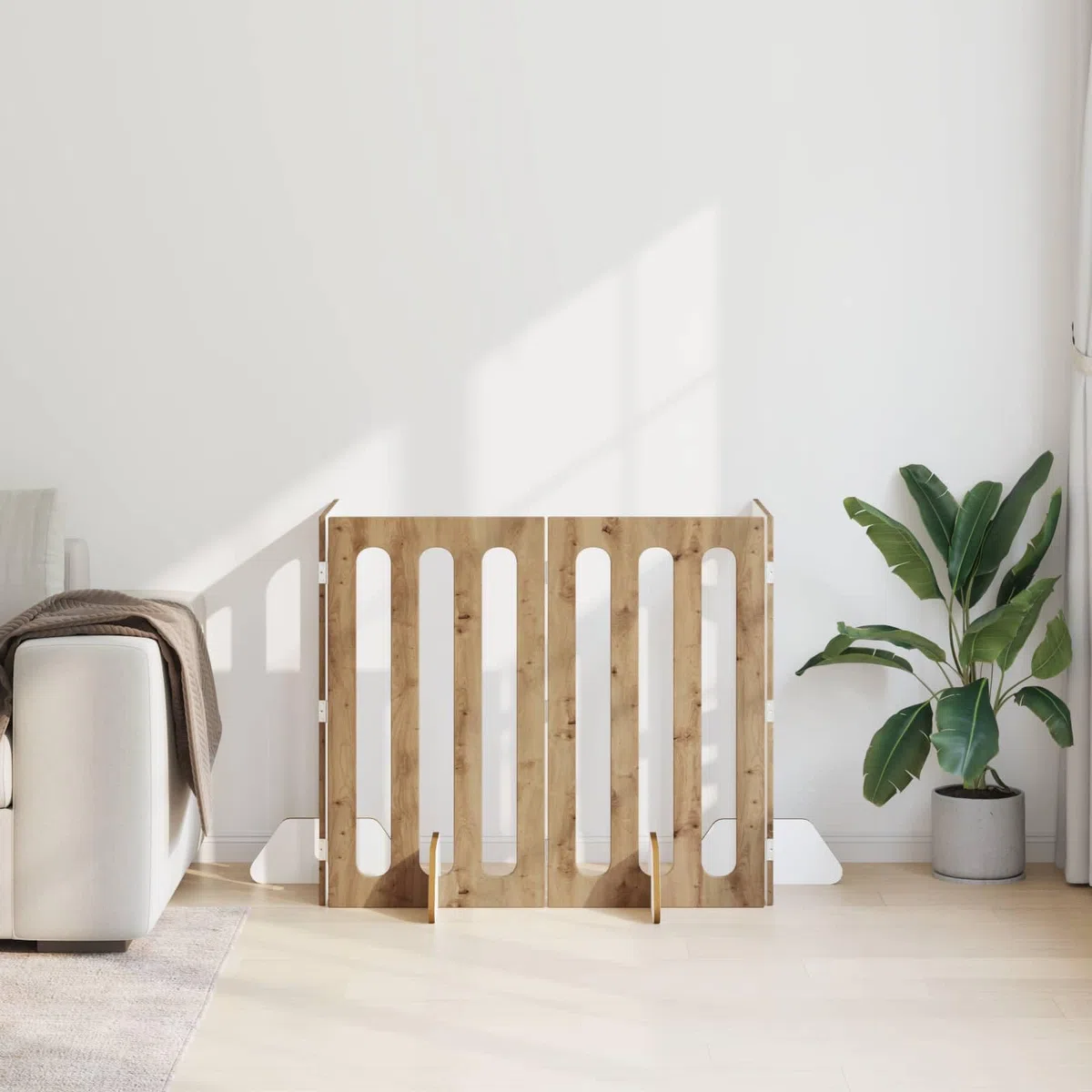 Valla plegable para mascotas de madera de roble Artisan, 201 x 38 x 90 cm, 4 piezas con paneles flexibles para interior, protección y seguridad para perros y cachorros