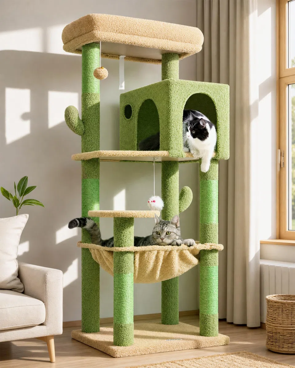Globlazer Rascador para Gatos Verde Cactus Interior 137 cm con inmenso Hamaca 45 * 40cm, Grande Nidos, Plataformas Acolchada, Estable Árbol Rascador para Gatos Fácil de Montar (F53, Verde Cactus)