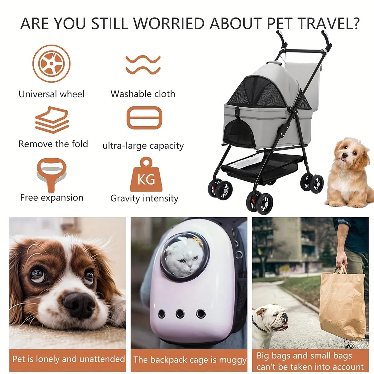 Carrito para Perros y Gatos 3 en 1 Plegable, hasta 20 kg