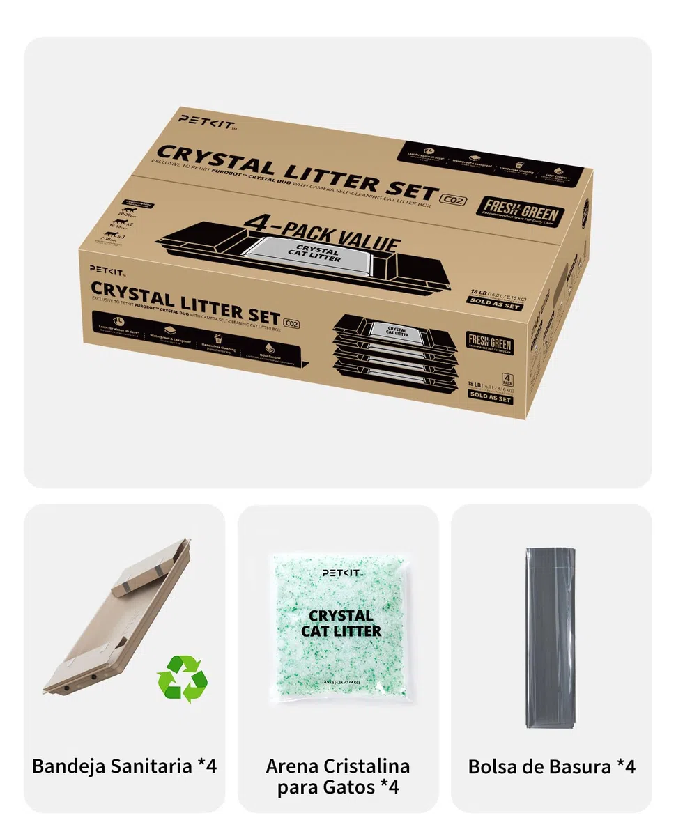 PETKIT Set de Arena Cristalina para Gatos, para PUROBOT Crystal Duo Arenero Gatos Autolimpiable, Recogida Dual de Residuos, Bandeja Reemplazable, Control de Olores, 4 Piezas, Verde