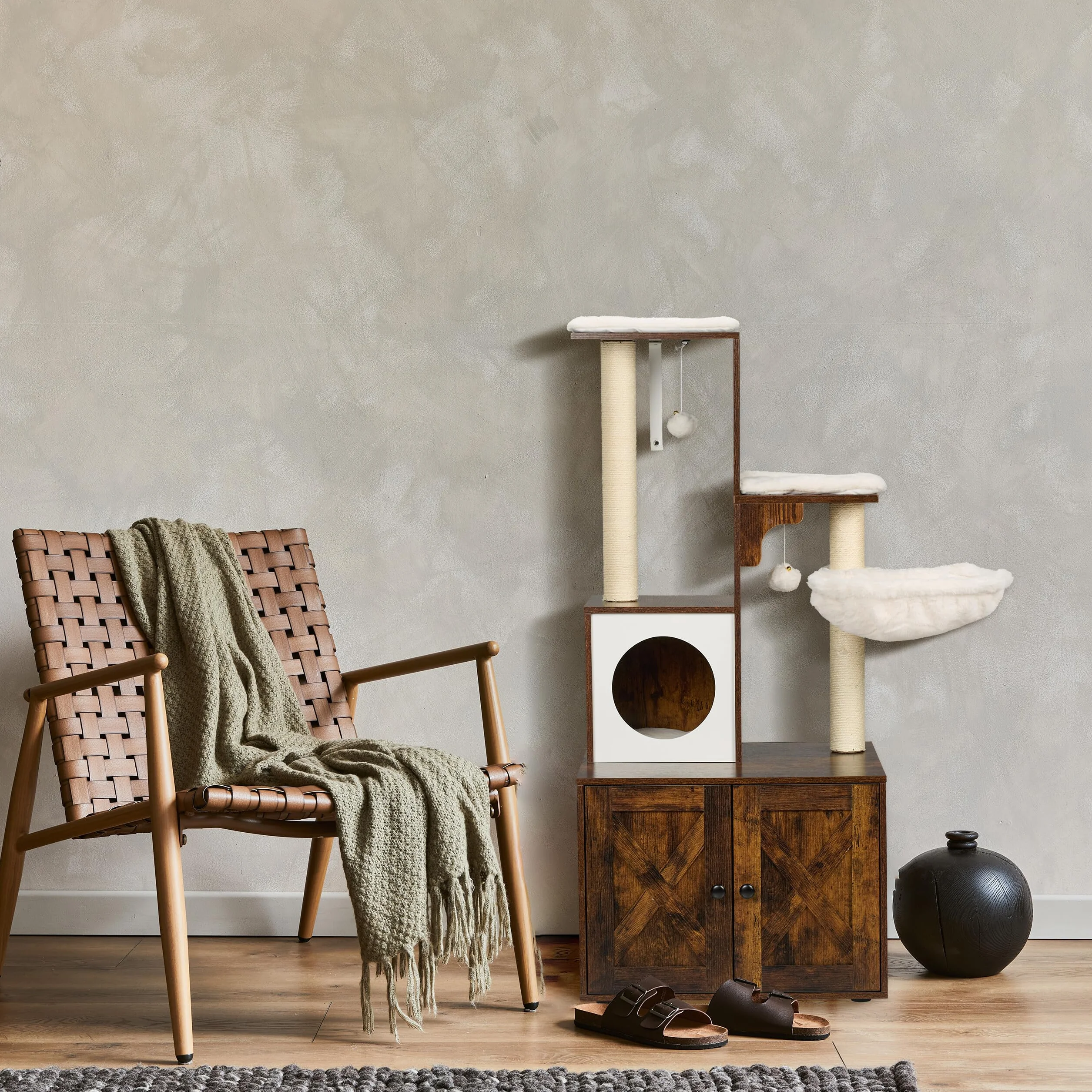 Relaxdays Mueble para Gatos con Rascador y Armario para Arenero, 128x95x52 cm, Torre con Poste de Sisal, Marrón y Blanco