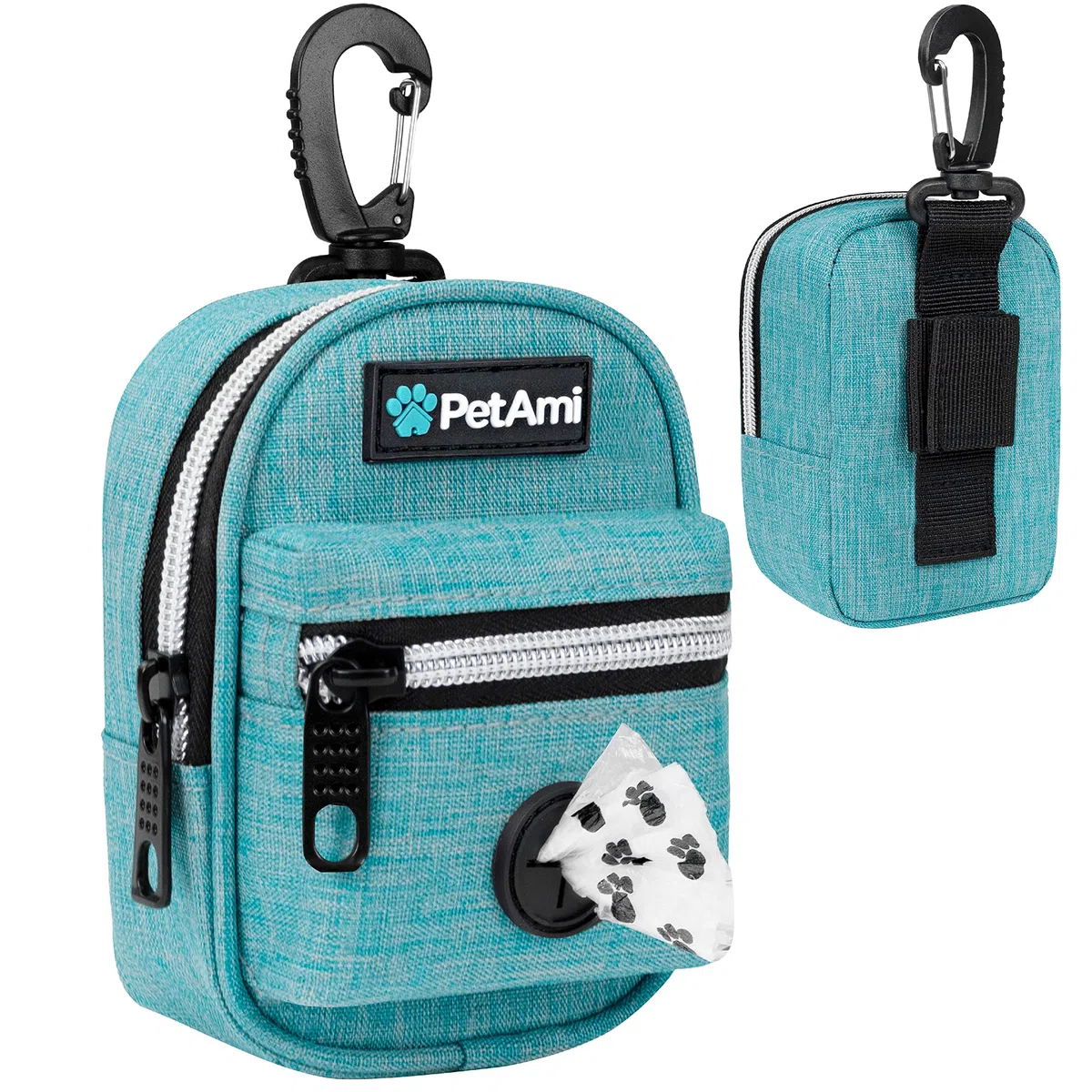 PetAmi Soporte para bolsas de excrementos de perro, dispensador de bolsas de basura para perros con clip para correa y cinturón, soporte portátil de tela para bolsas de basura para perros, para