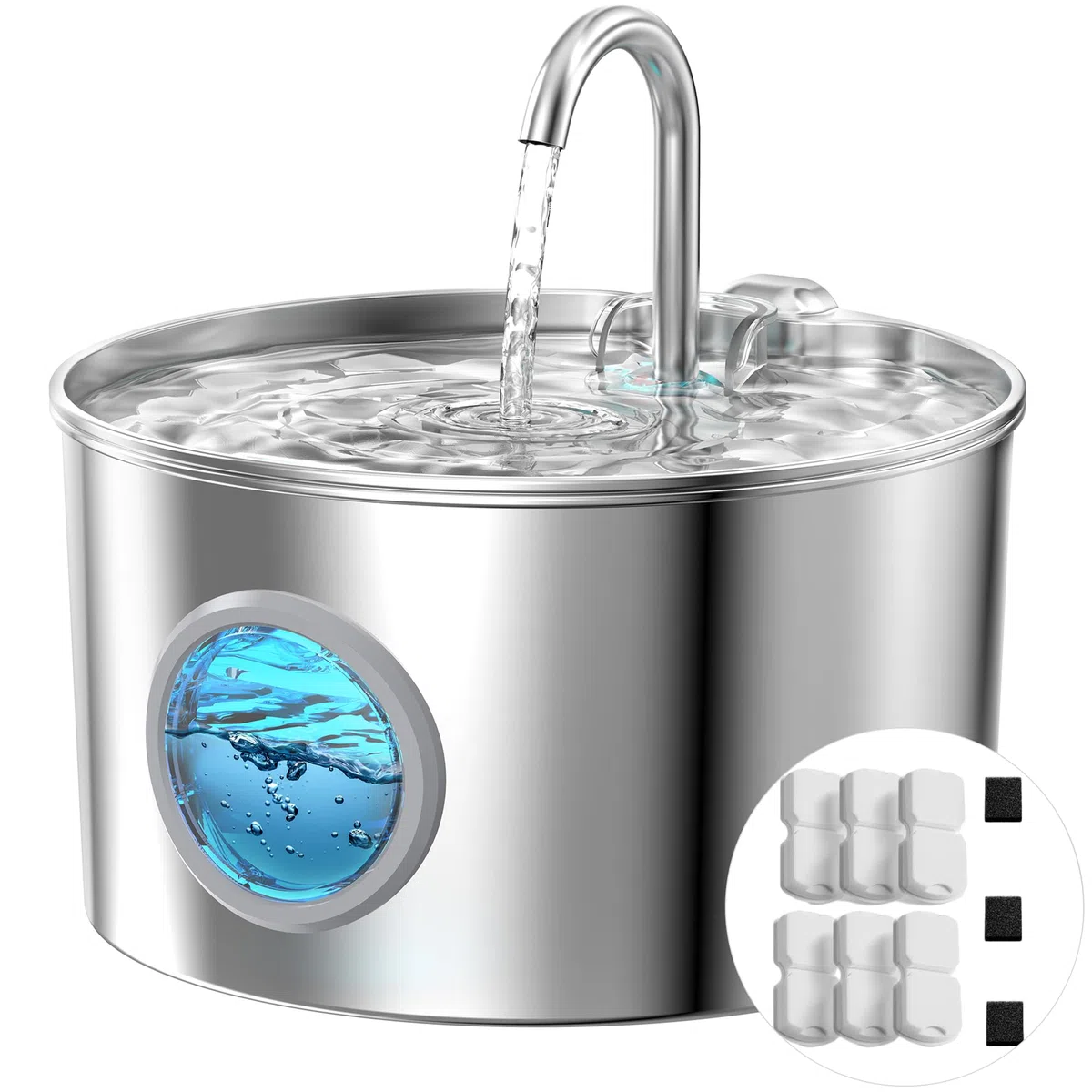 Fuente de agua para gatos INOX: fuente de agua para gatos – 2,2 l dispensador de agua para gatos automático – fuentes de agua limpia – Dispensador de perros con 6 filtros + 3 esponjas